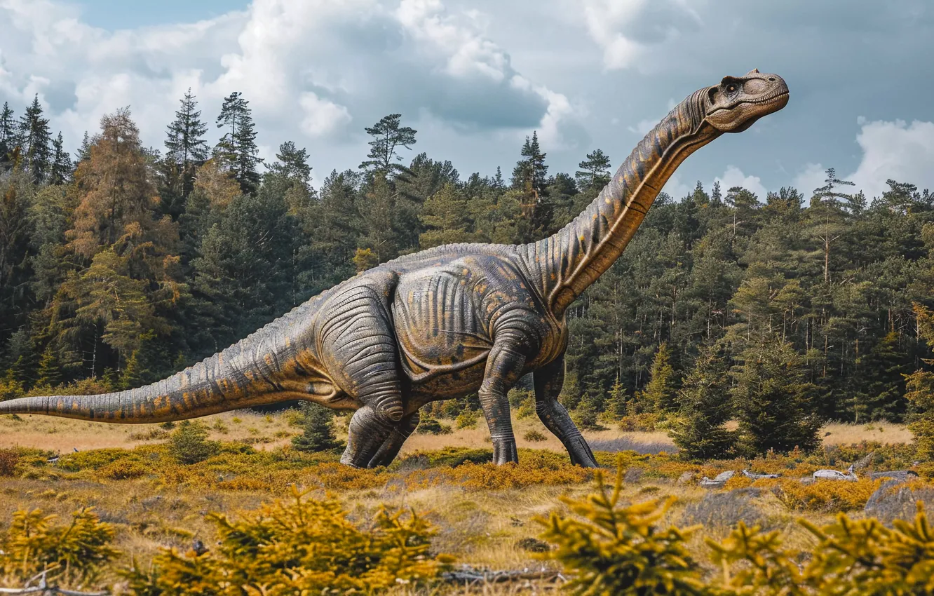 Photo wallpaper trees, animal, dinosaur, tail, neck, digital art, Ancient animals, Extinct animals