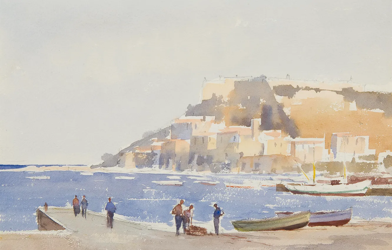 Photo wallpaper landscape, picture, watercolor, Edward Seago, The old Fort on the Italian Coast