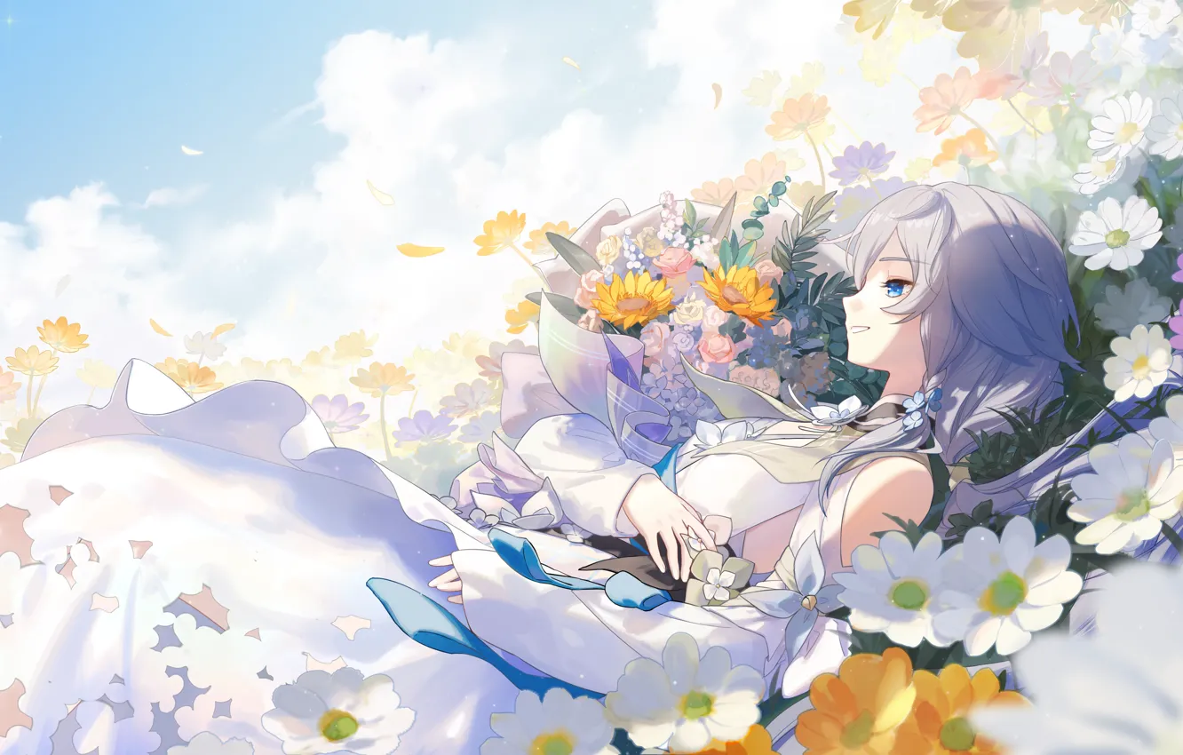 Photo wallpaper the sky, girl, flowers, Honkai Impact 3, Fuka