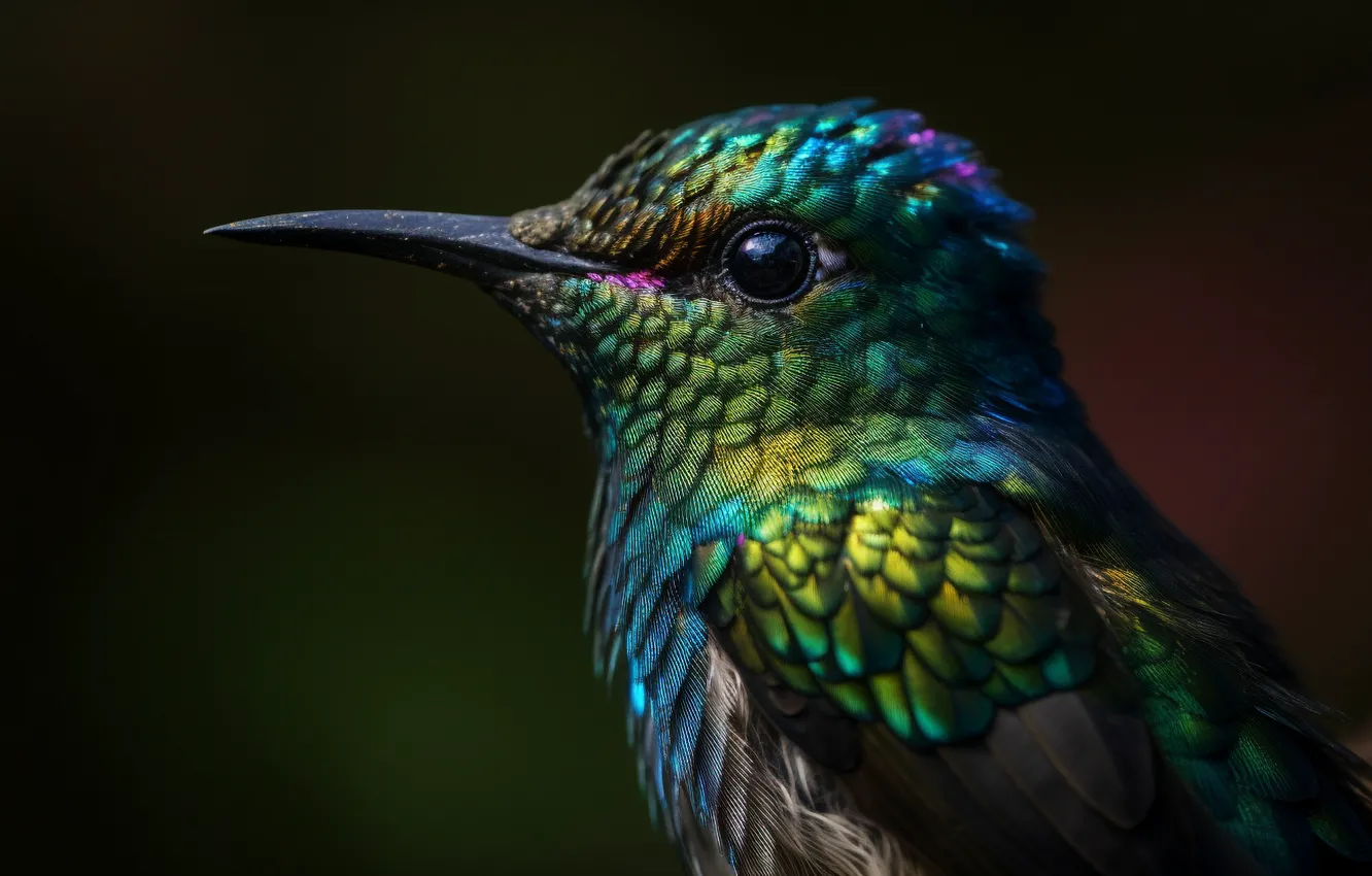 Photo wallpaper look, the dark background, bird, portrait, Hummingbird, profile, bird, bright plumage