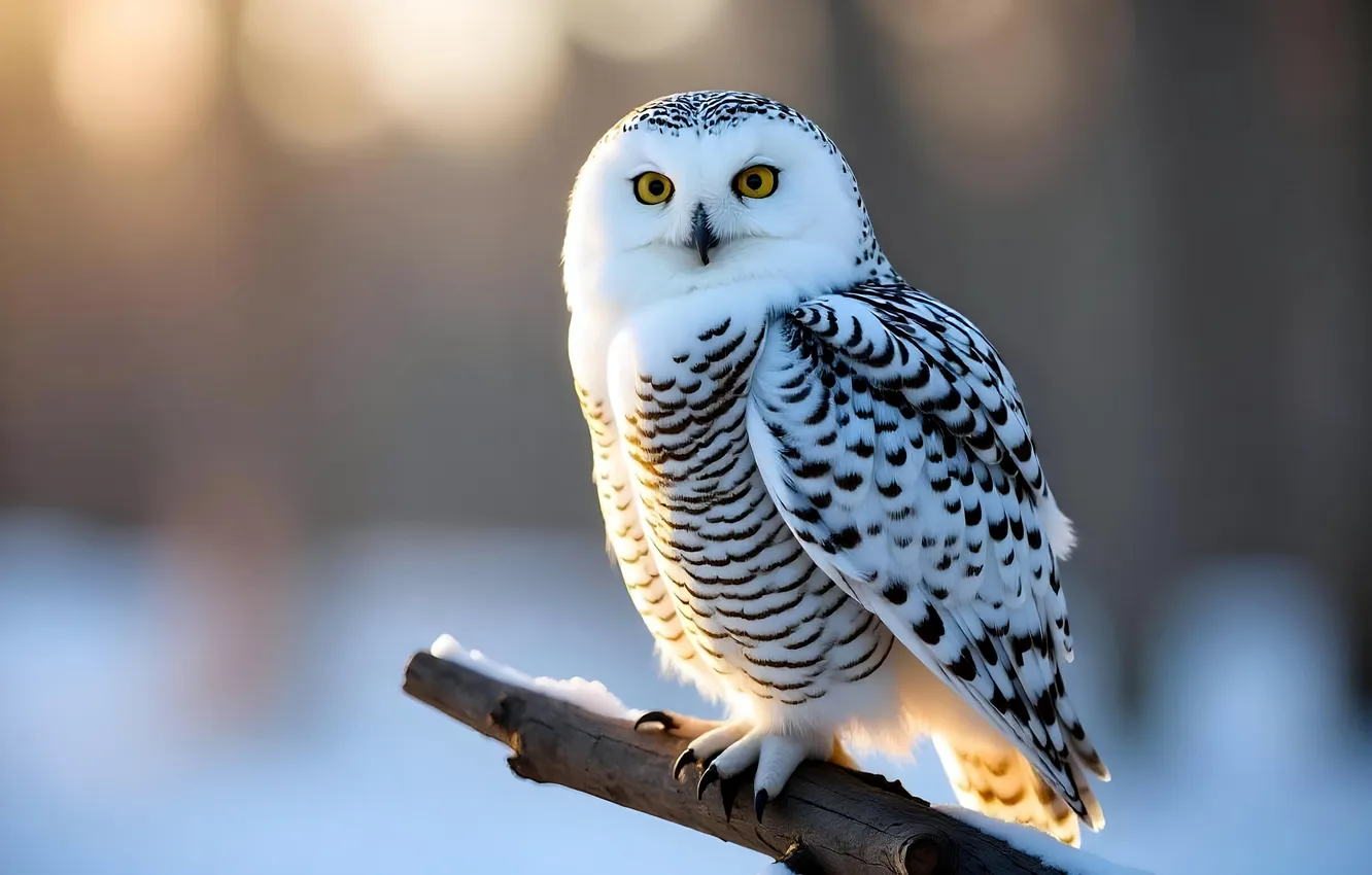 Photo wallpaper winter, snow, branches, owl, bird, AI art, neural network