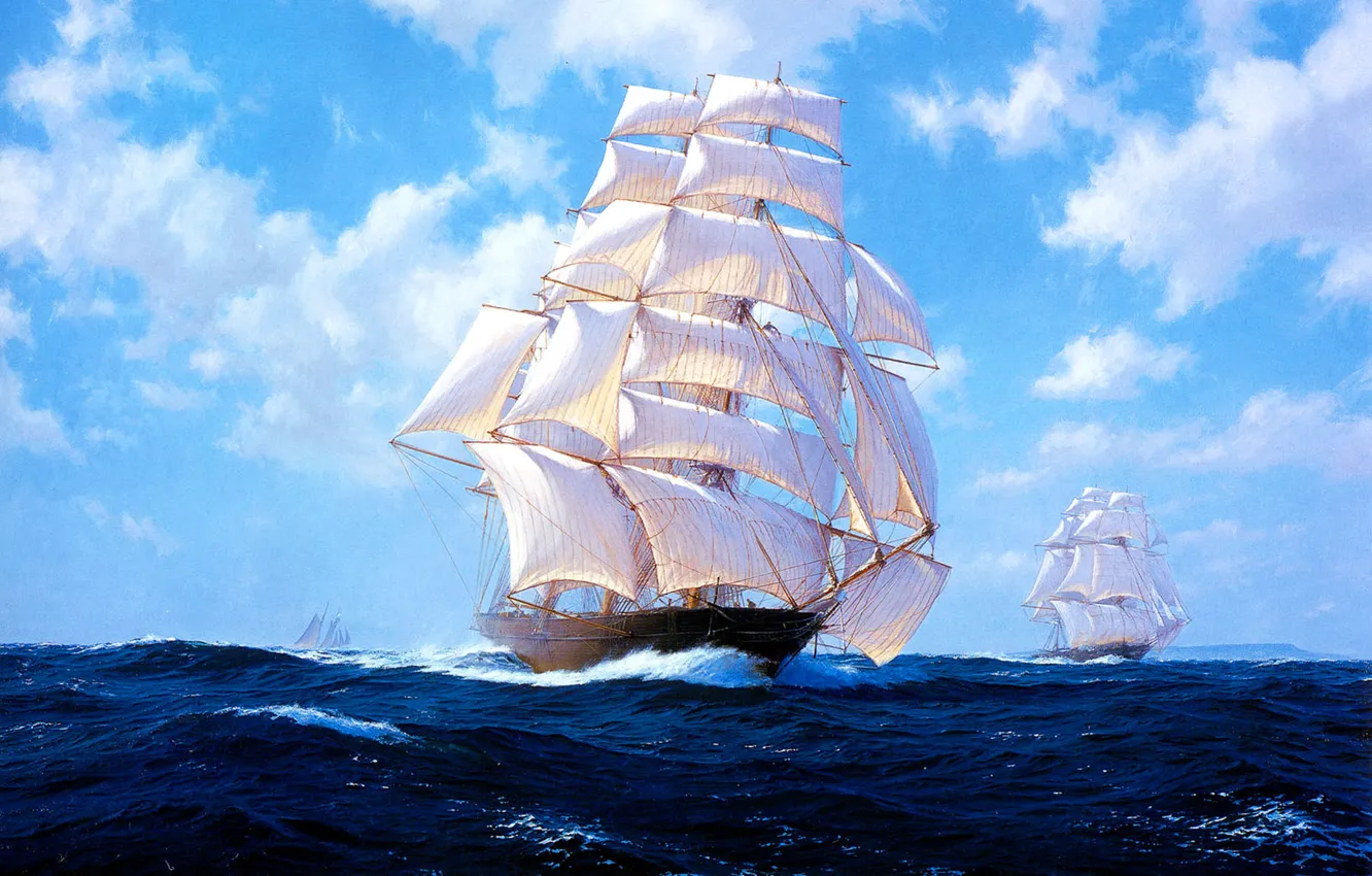 Photo wallpaper sea, wave, the sky, clouds, sailboat, picture, J. Steven Dews