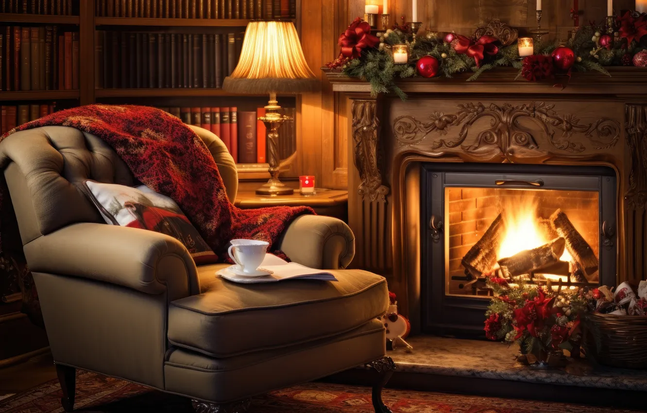 Photo wallpaper decoration, room, balls, tree, interior, chair, Christmas, fireplace