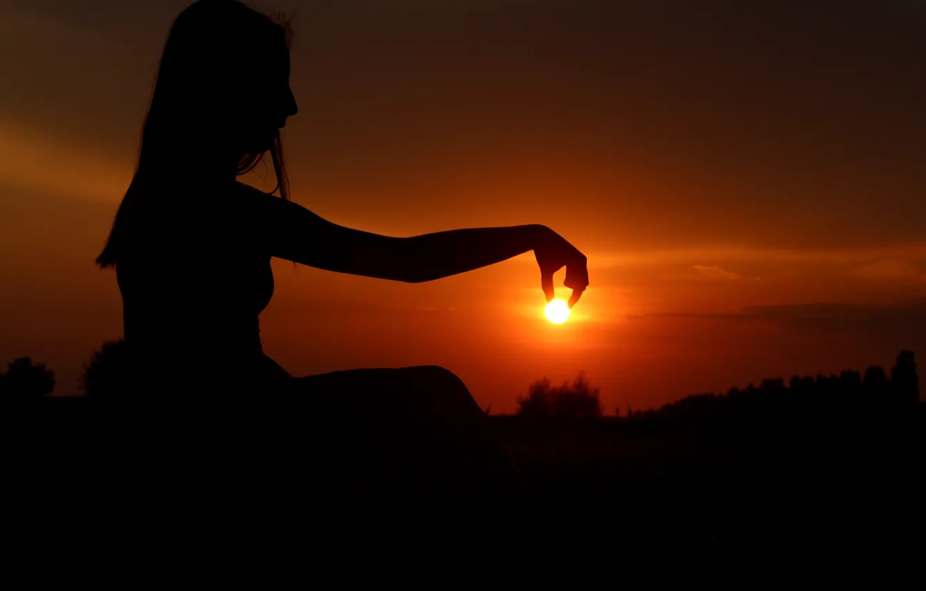 Photo wallpaper the sky, the sun, sunset, hands, silhouette, haze