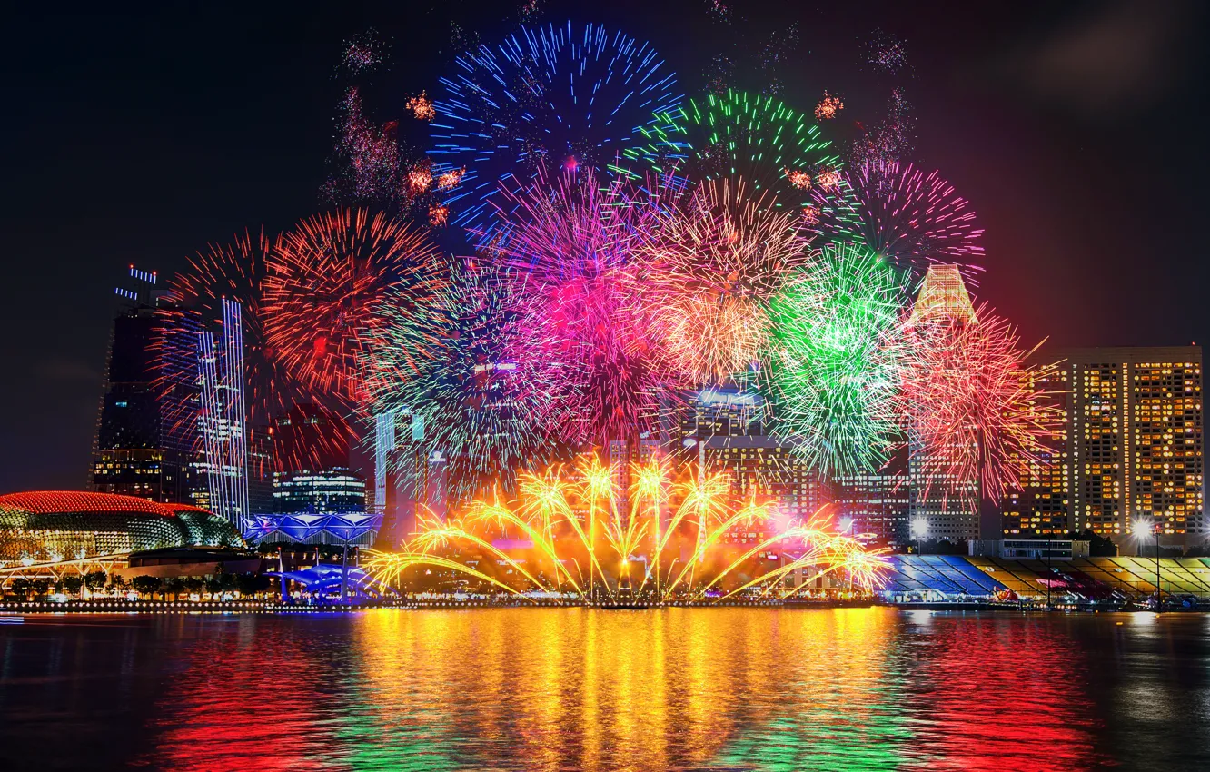 Photo wallpaper night, city, lights, salute, colorful, New Year, fireworks, happy