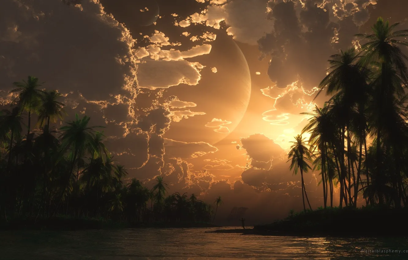 Photo wallpaper The sun, Clouds, The ocean, Night, Planet, Islands, Dawn, Palm trees