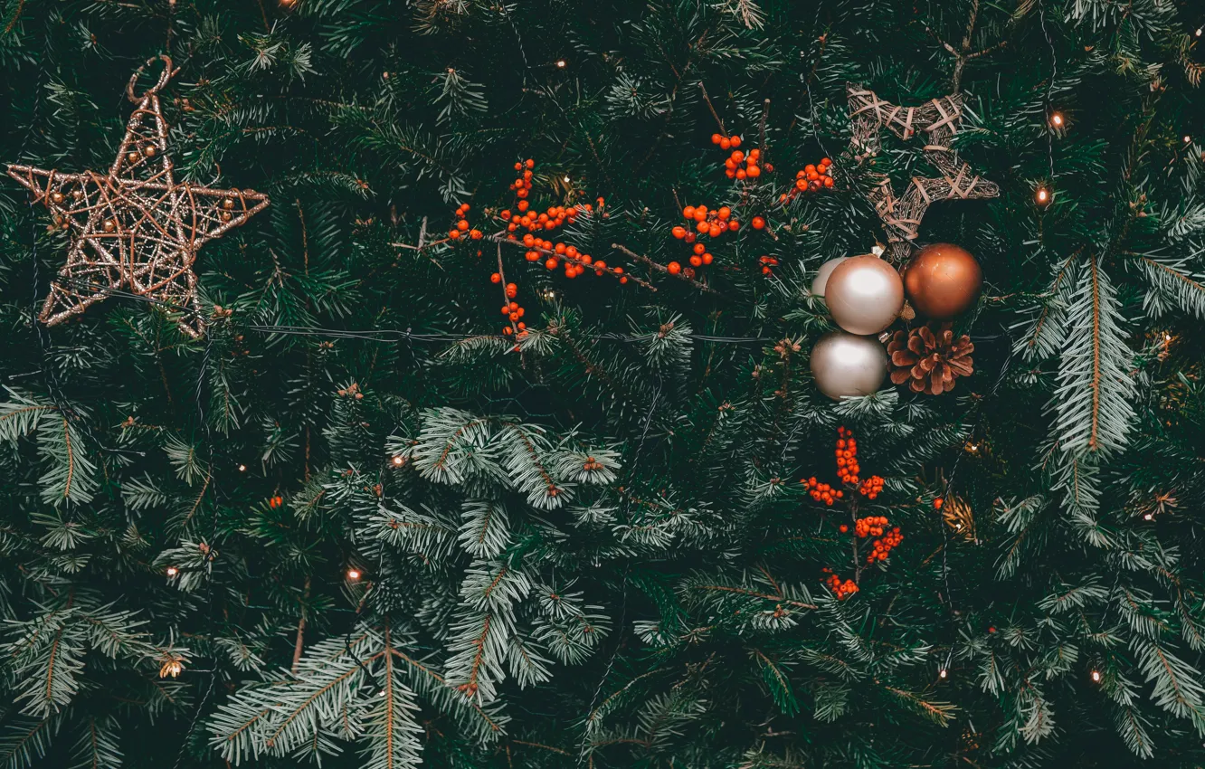 Photo wallpaper decoration, berries, holiday, balls, stars, Christmas, New year, tree