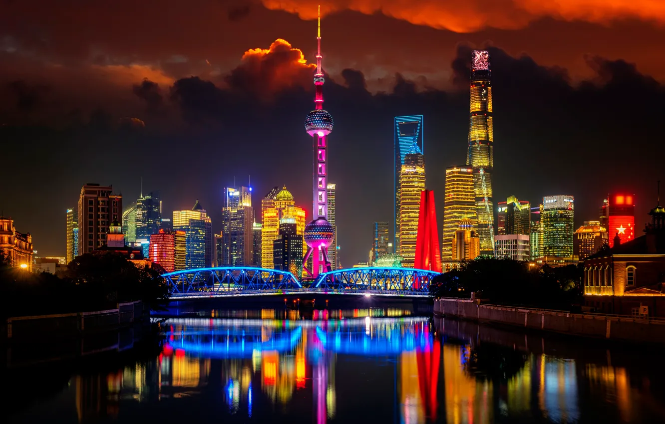 Photo wallpaper bridge, river, China, building, China, Shanghai, Shanghai, night city
