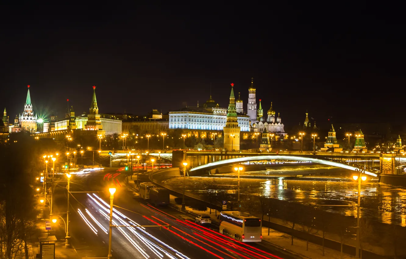 Photo wallpaper night, the city, lights, river, Moscow, The Kremlin, Russia, Moscow
