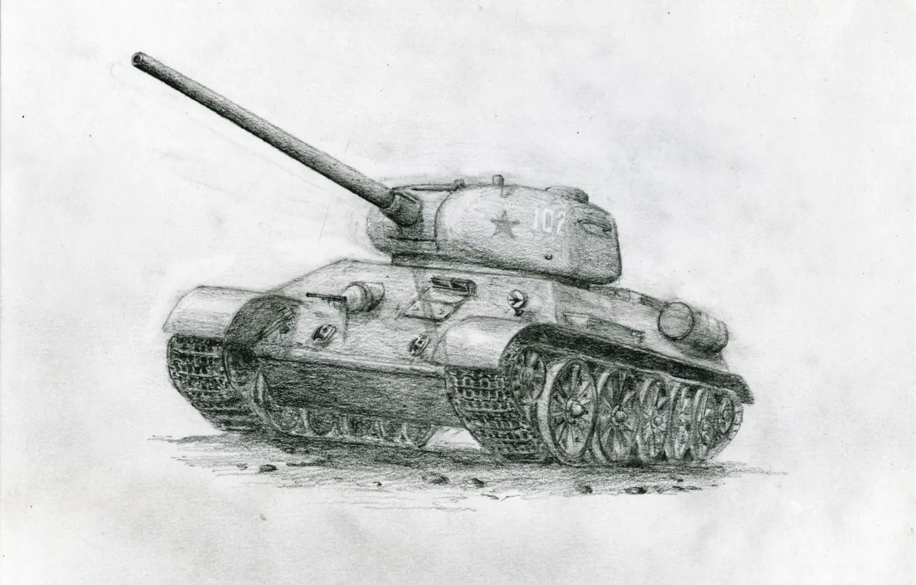 Photo wallpaper pencil drawing, Soviet tank, T-34
