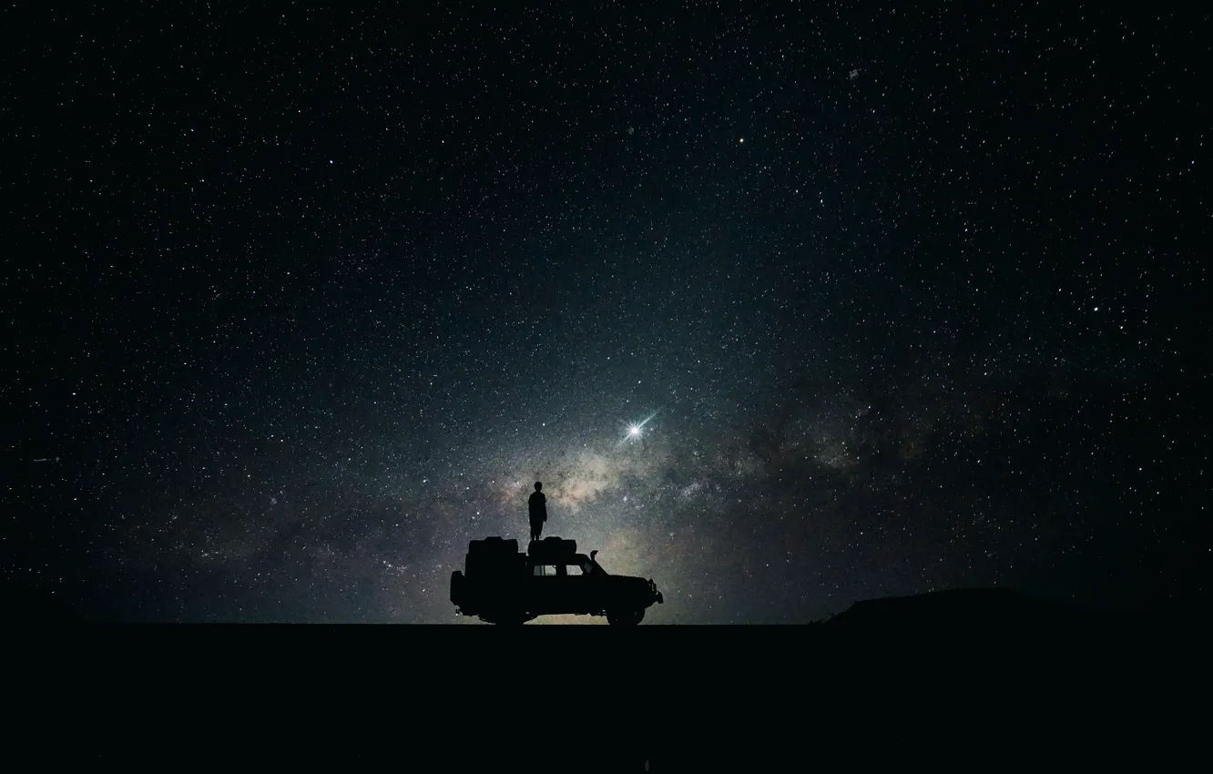 Photo wallpaper car, sky, night, stars, man, Jonathan Pie