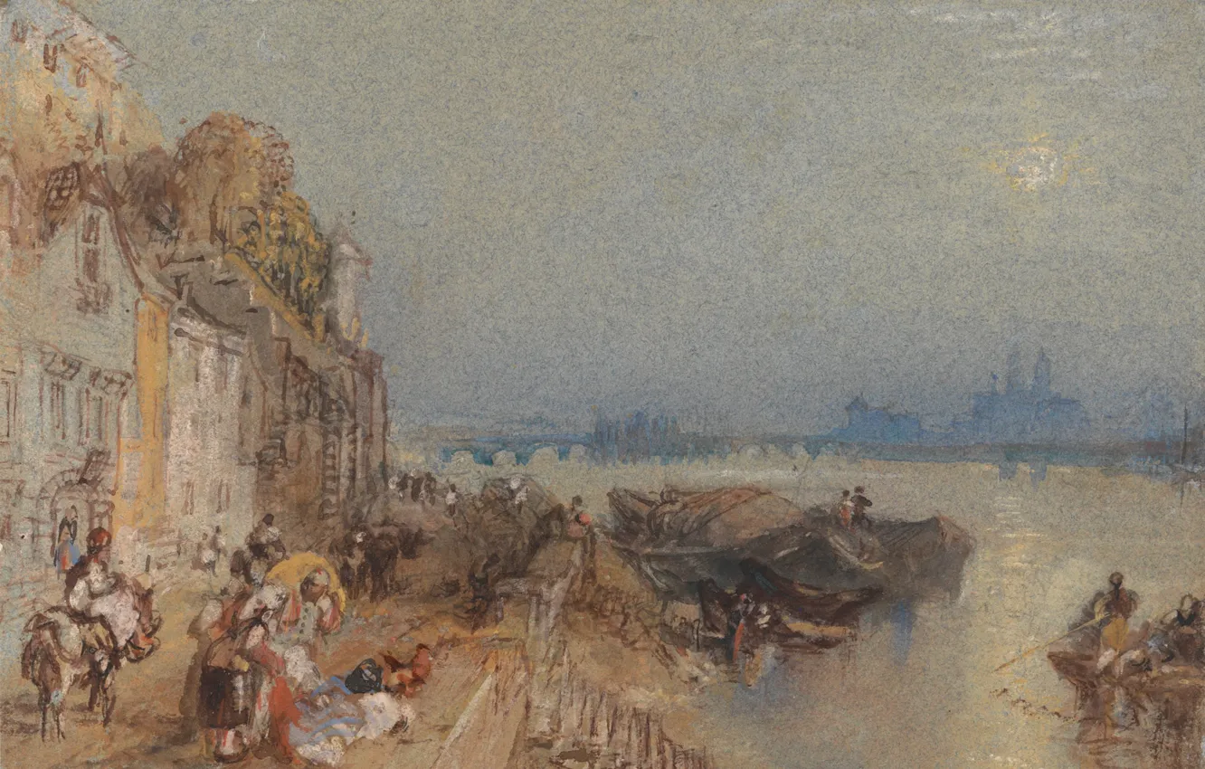 Photo wallpaper landscape, bridge, the city, river, boat, home, sunset, William Turner