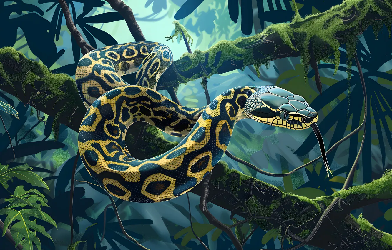 Photo wallpaper language, trees, animal, snake, jungle, art, reptile, digital art