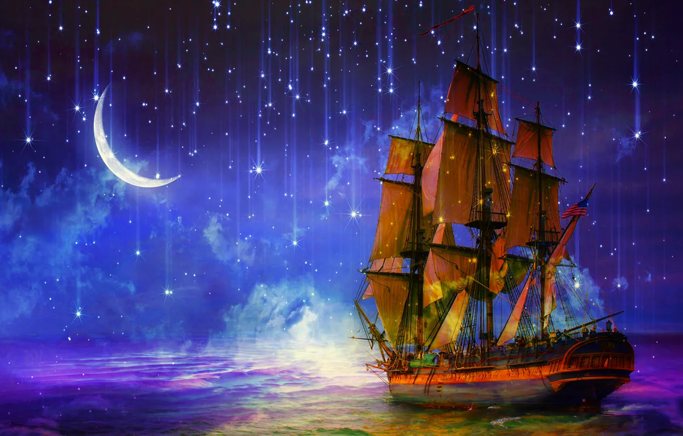 Photo wallpaper sea, night, ship, sailboat, stars, art, Crescent