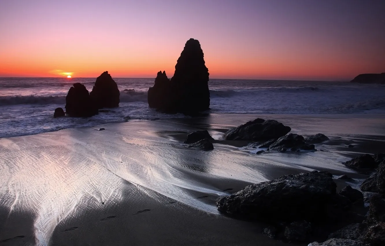 Photo wallpaper sand, sea, wave, sunset, nature, rocks, Seascape