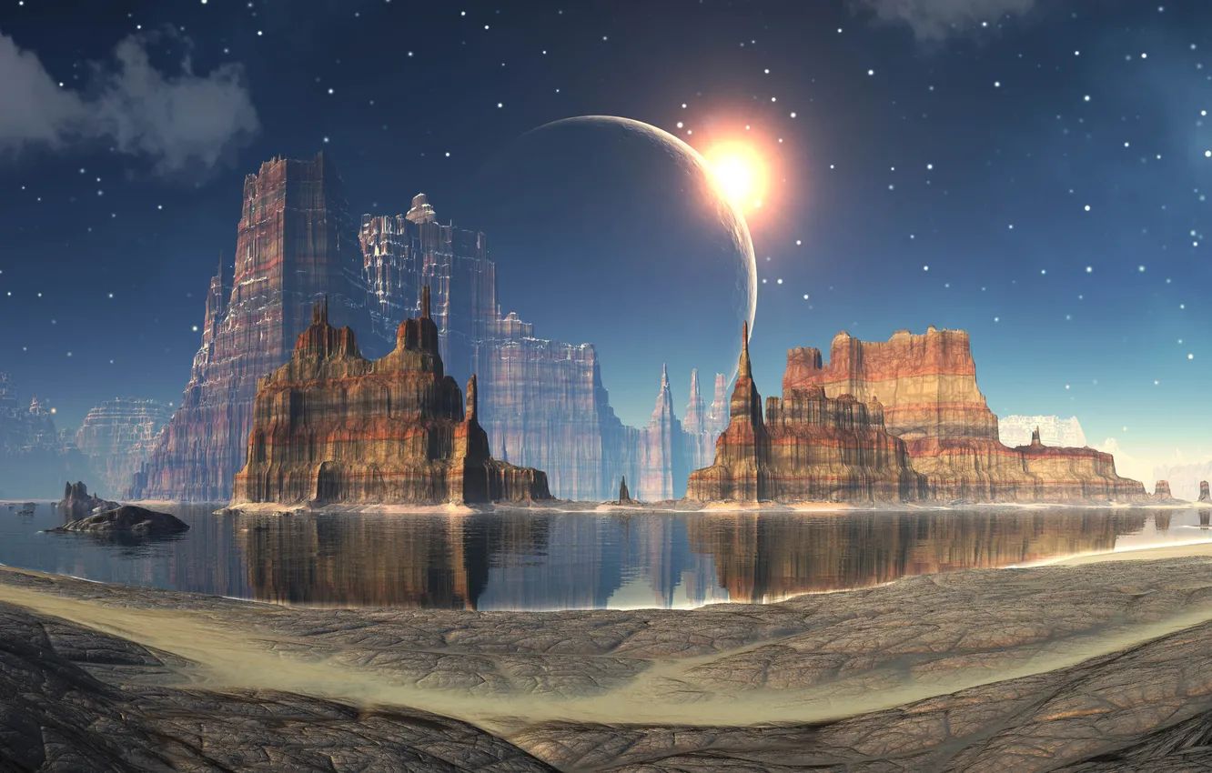 Photo wallpaper water, stars, clouds, mountains, planet, Eclipse