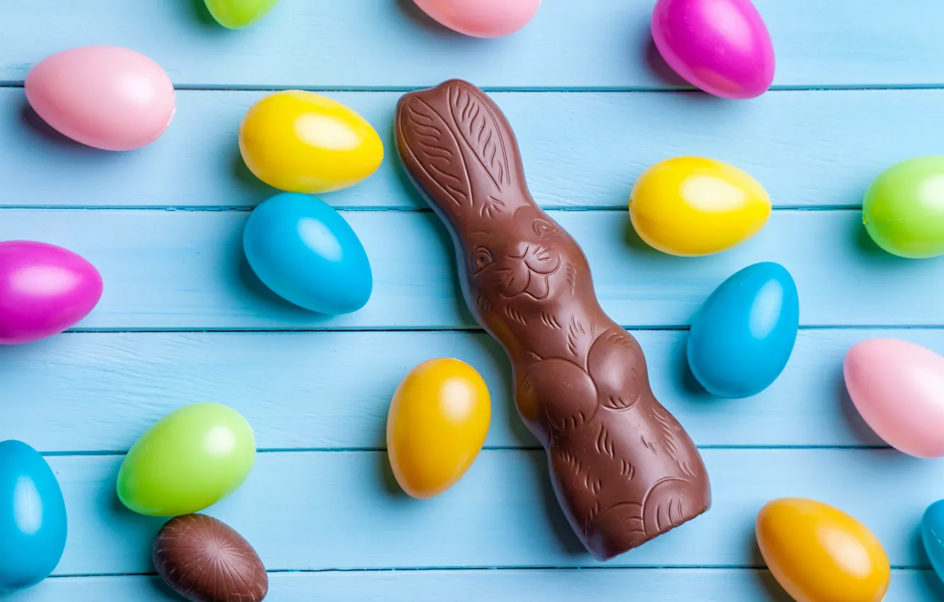 Photo wallpaper chocolate, eggs, colorful, rabbit, candy, Easter, wood, chocolate
