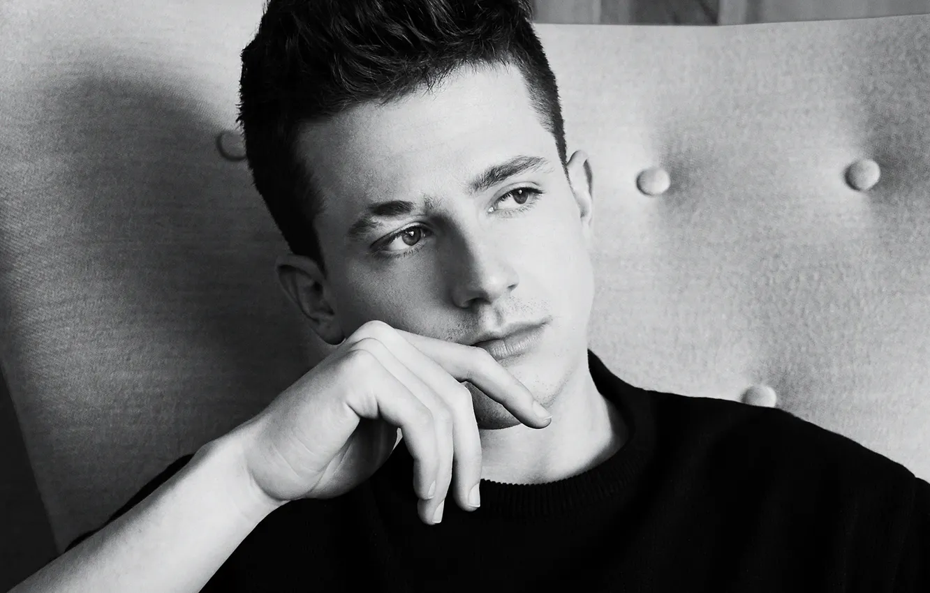 Photo wallpaper look, Charlie Puth, male, Black and white