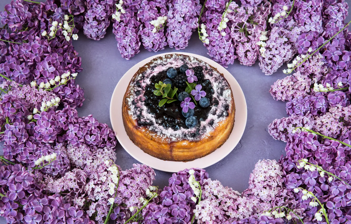 Photo wallpaper flowers, berries, cake, dessert, lilac, composition, Julija Vilvarin