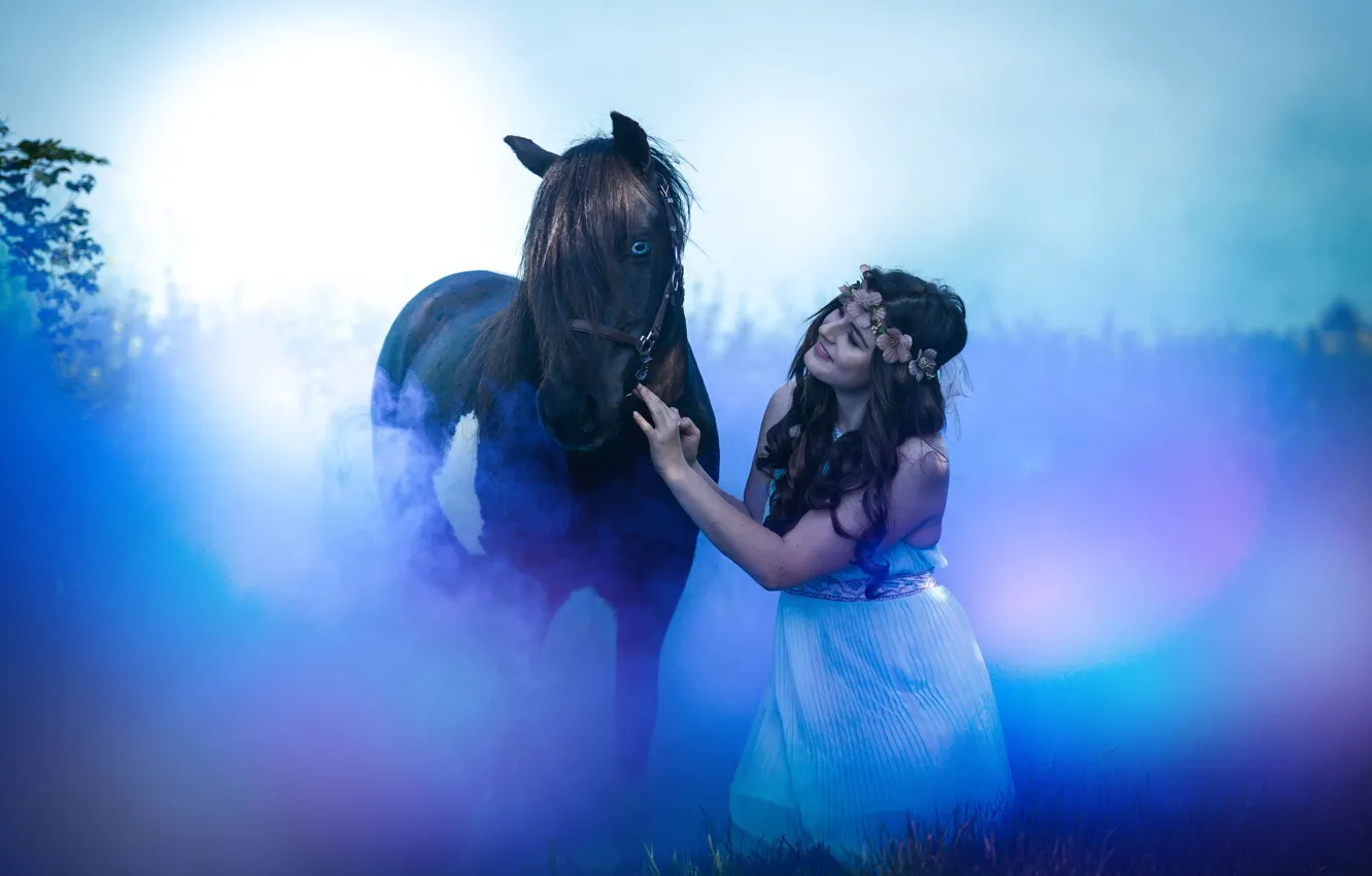 Photo wallpaper the sky, look, girl, light, blue, nature, pose, fog