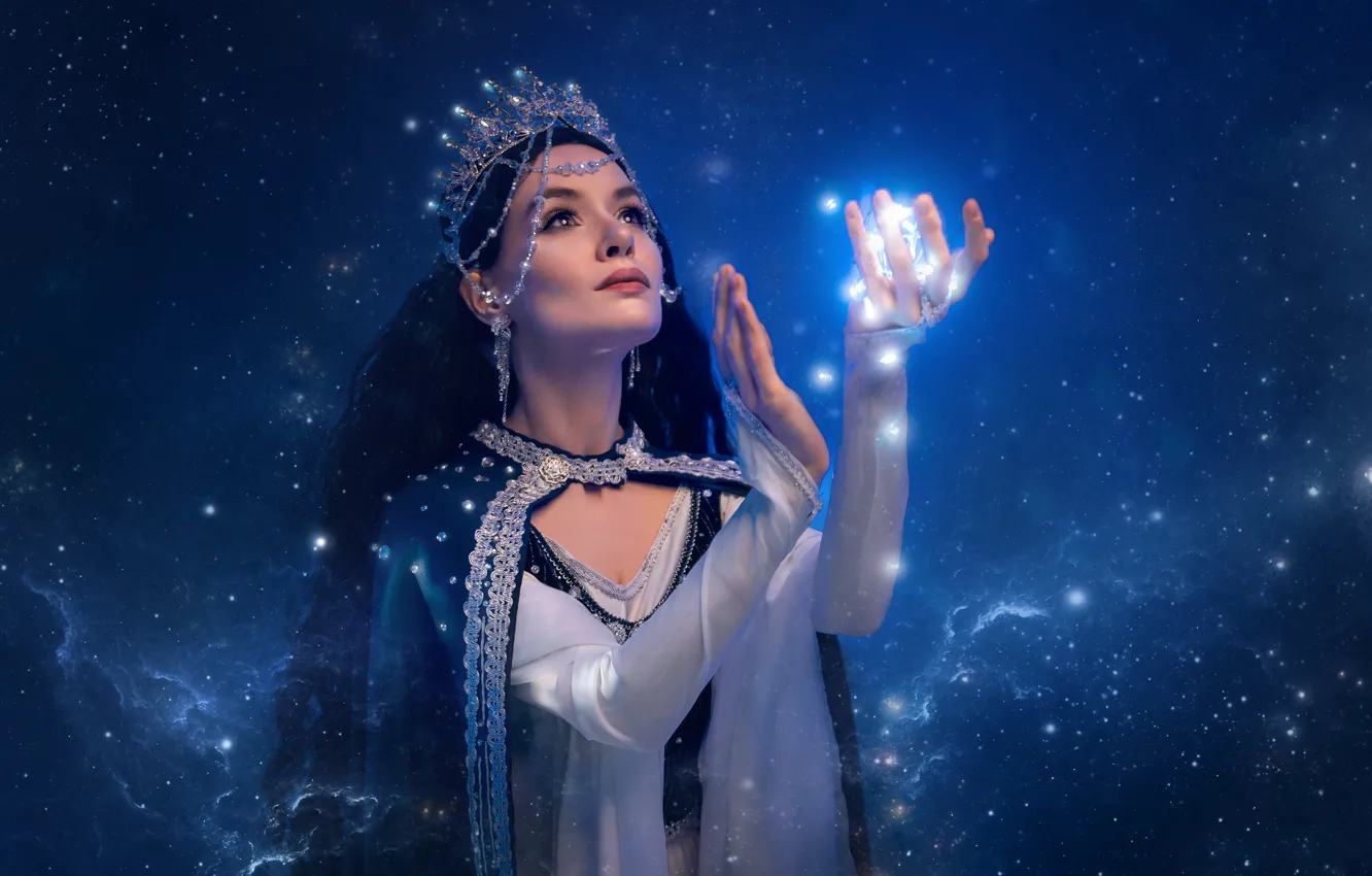 Photo wallpaper look, girl, decoration, style, crown, makeup, dress, brunette