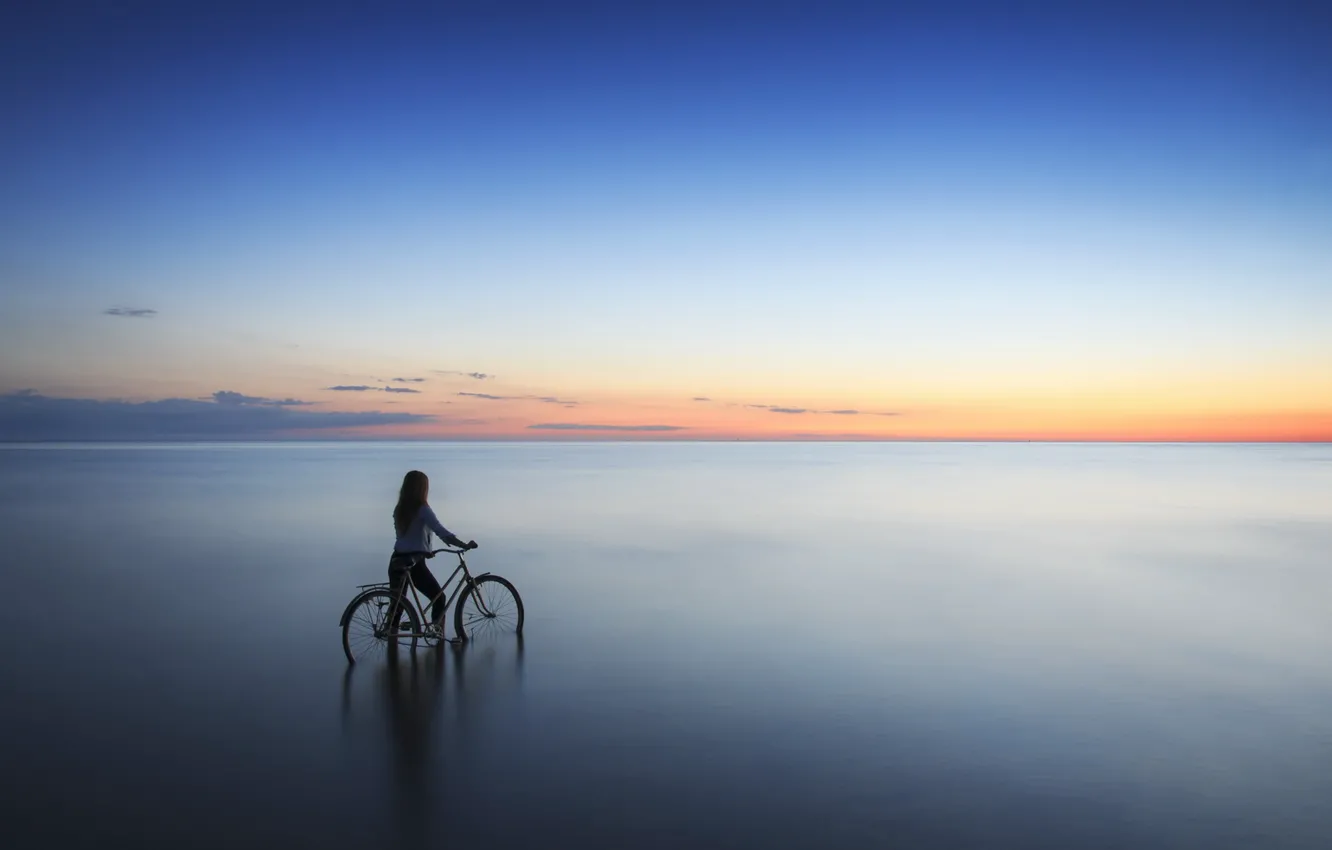 Photo wallpaper sea, girl, sunset, bike