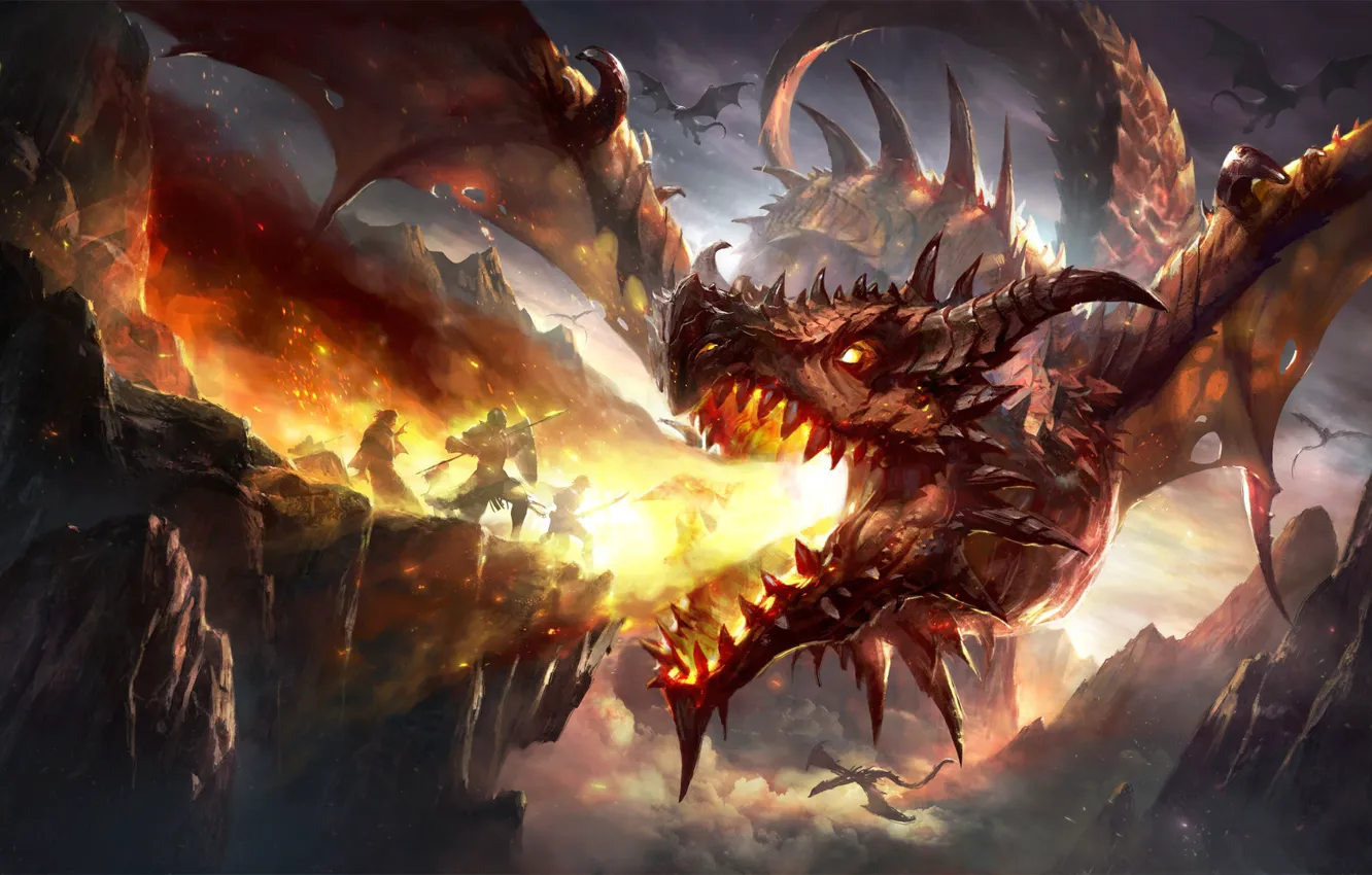 Photo wallpaper fire, fantasy, horns, armor, wings, mountains, rocks, dragon