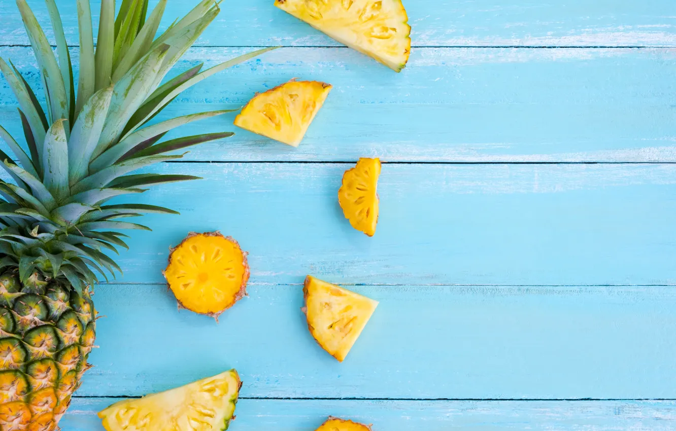 Photo wallpaper fruit, summer, pineapple, wood, slices, fruit, pineapple, slice