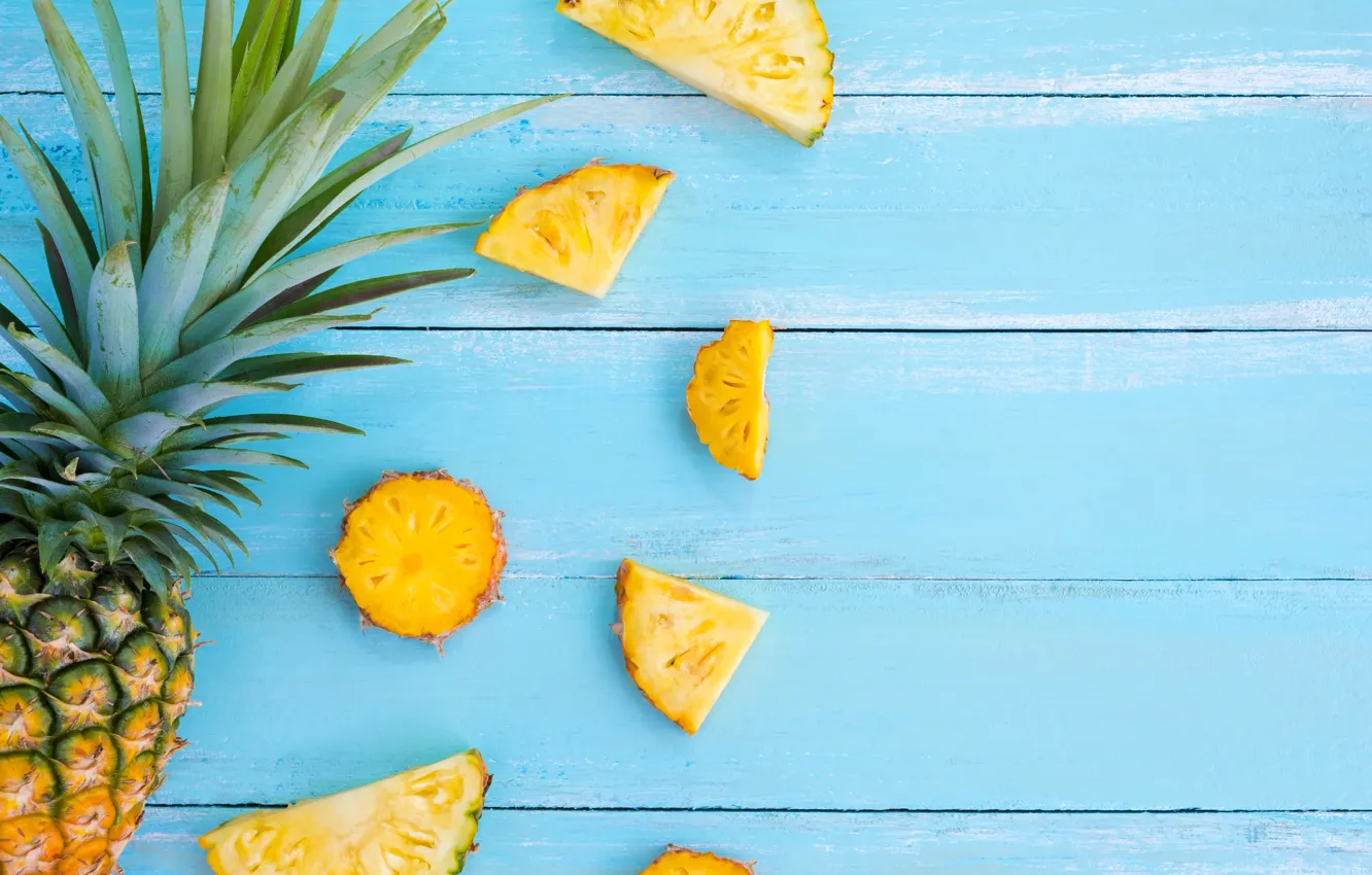 Photo wallpaper summer, fruit, pineapple, wood, slices, fruit, pineapple, slice