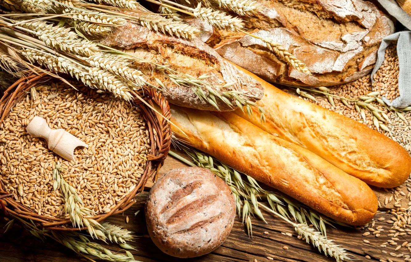 Photo wallpaper wheat, table, round, basket, grain, spikelets, bread, ears