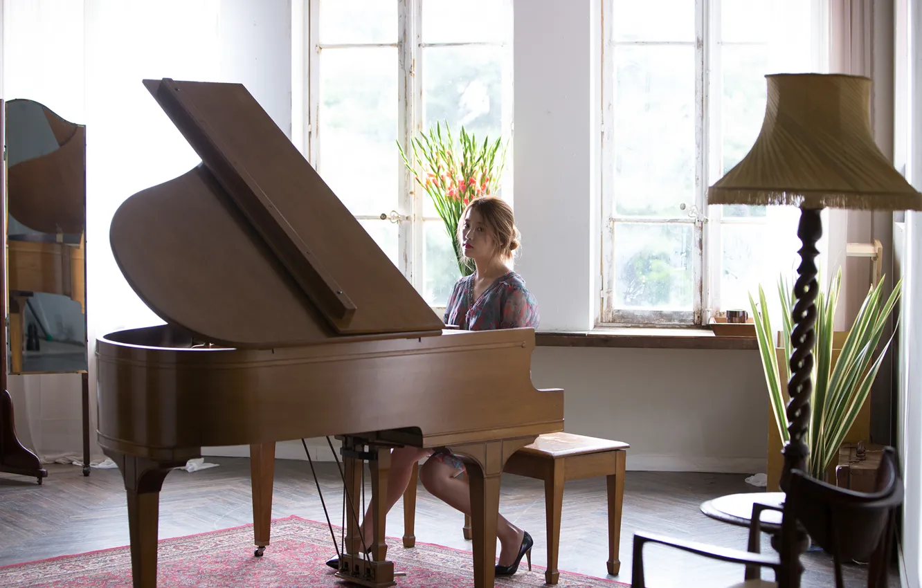 Photo wallpaper girl, Music, calm, plan, beauty, room, interior, asian