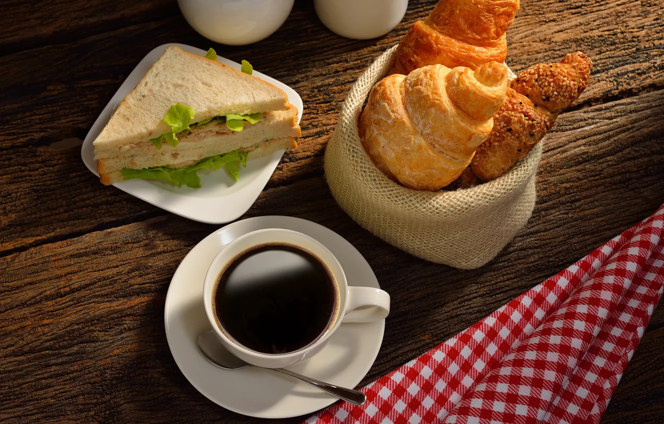 Photo wallpaper coffee, croissant, sandwiches