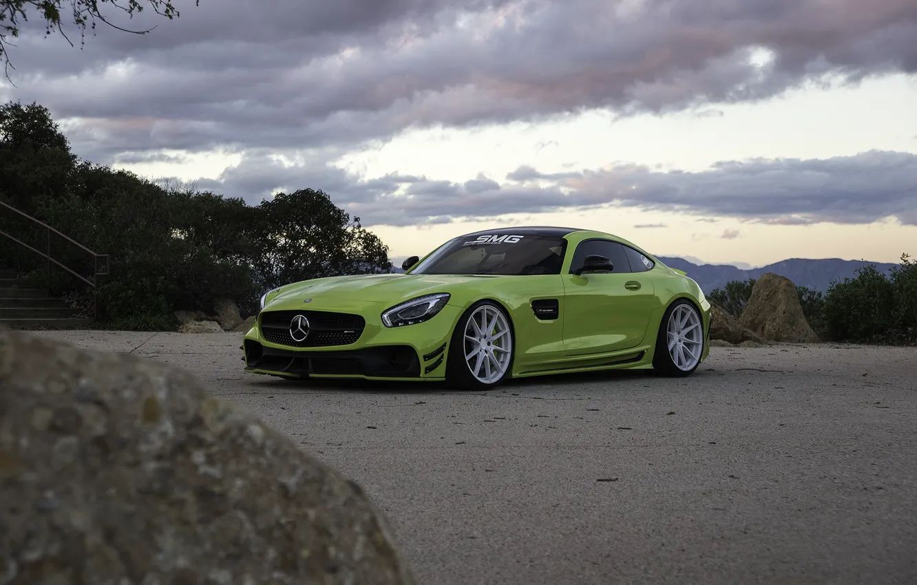 Photo wallpaper Roadster, Mercedes, Clouds, Sky, Green, AMG, Stone, GT C