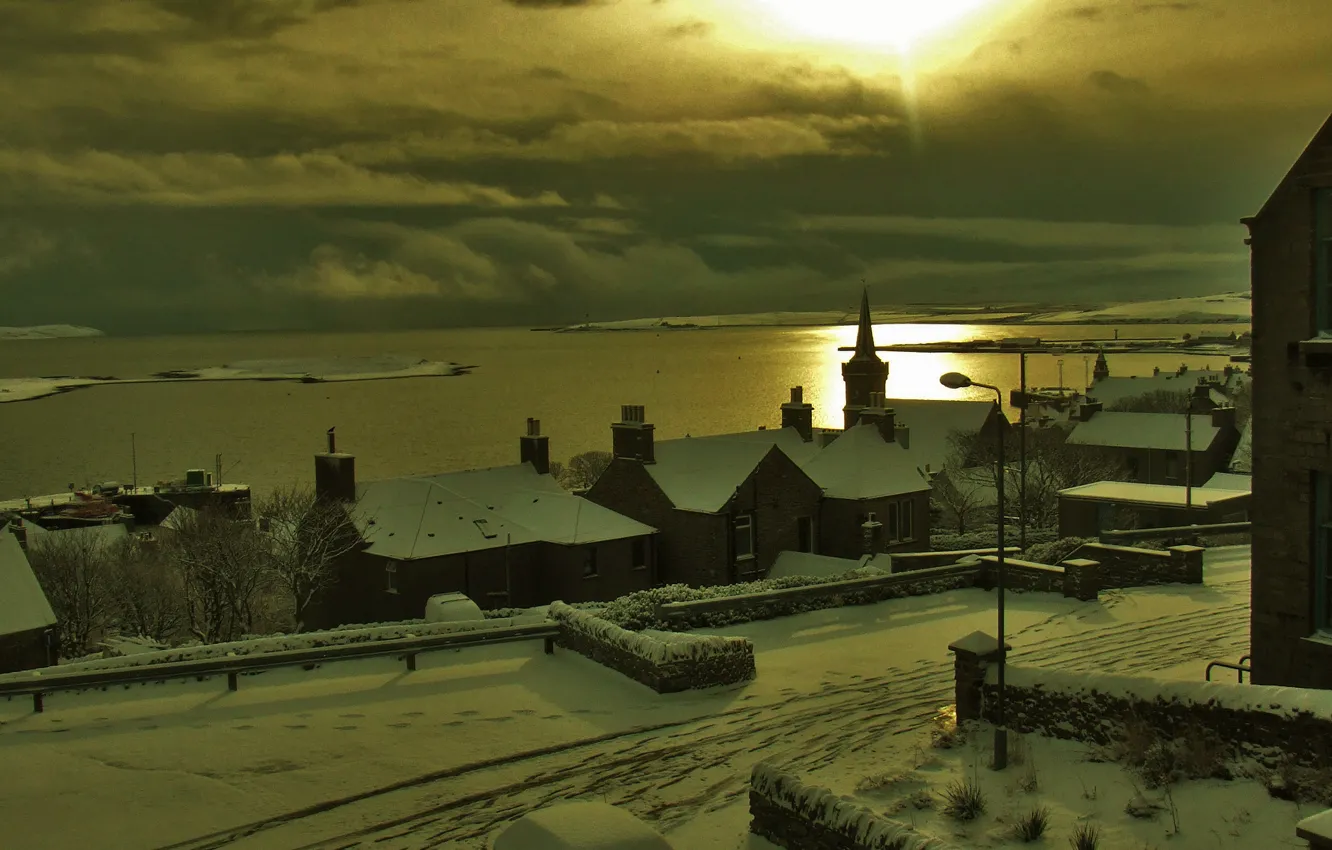 Photo wallpaper winter, sea, the sky, clouds, snow, sunset, the city, street