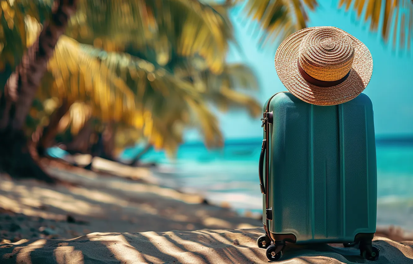 Photo wallpaper sand, sea, wave, beach, summer, the sky, palm trees, shore