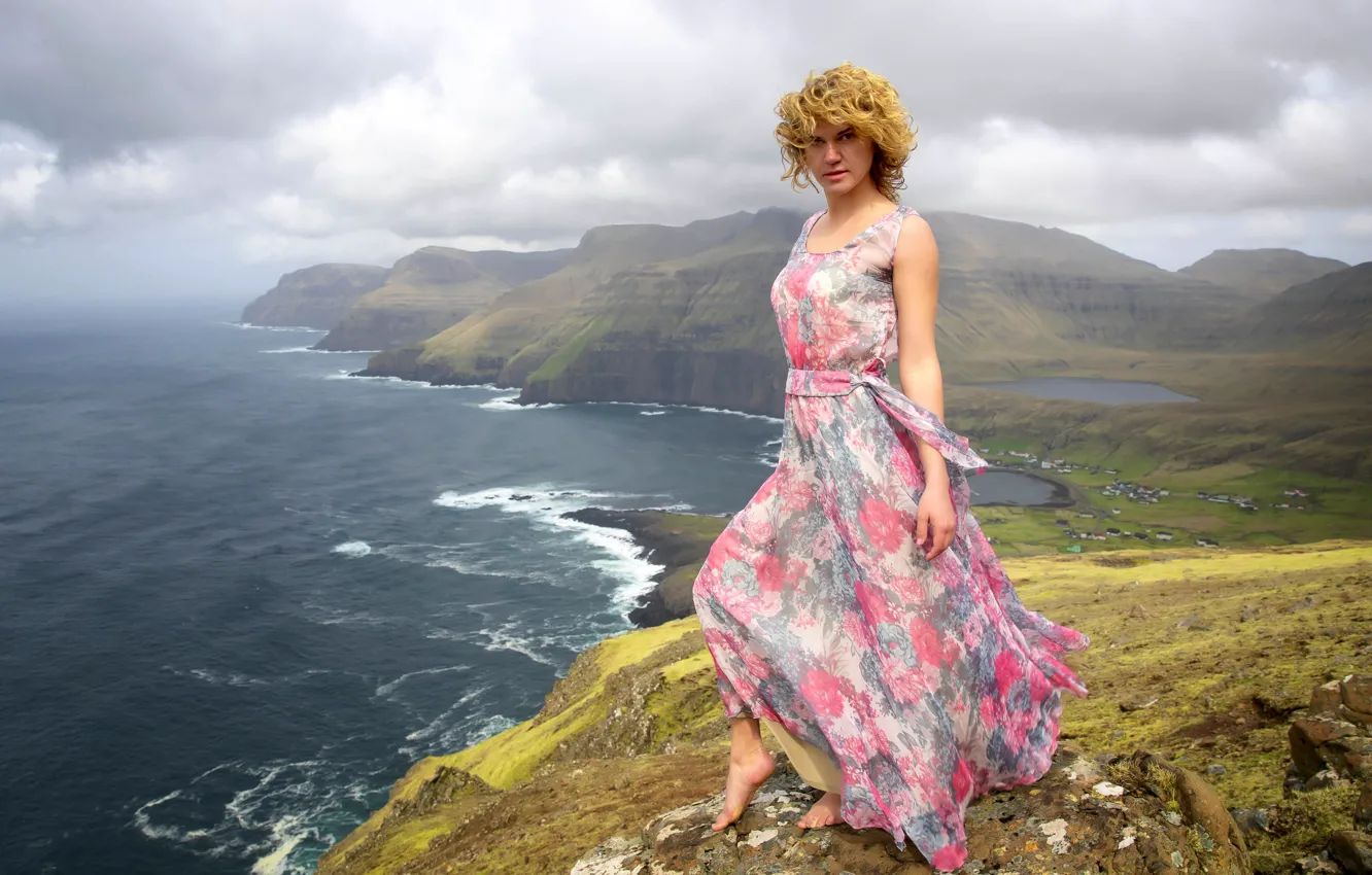 Photo wallpaper girl, coast, dress, Anna, The Faroe Islands