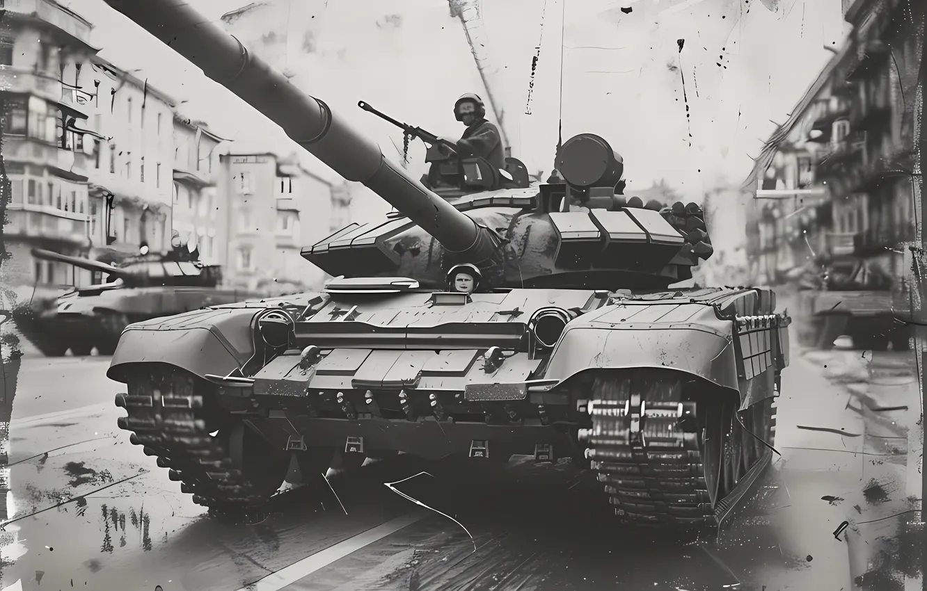 Photo wallpaper retro, tank, black and white, tankers, digital art, AI art, The Art of Artificial Intelligence, …