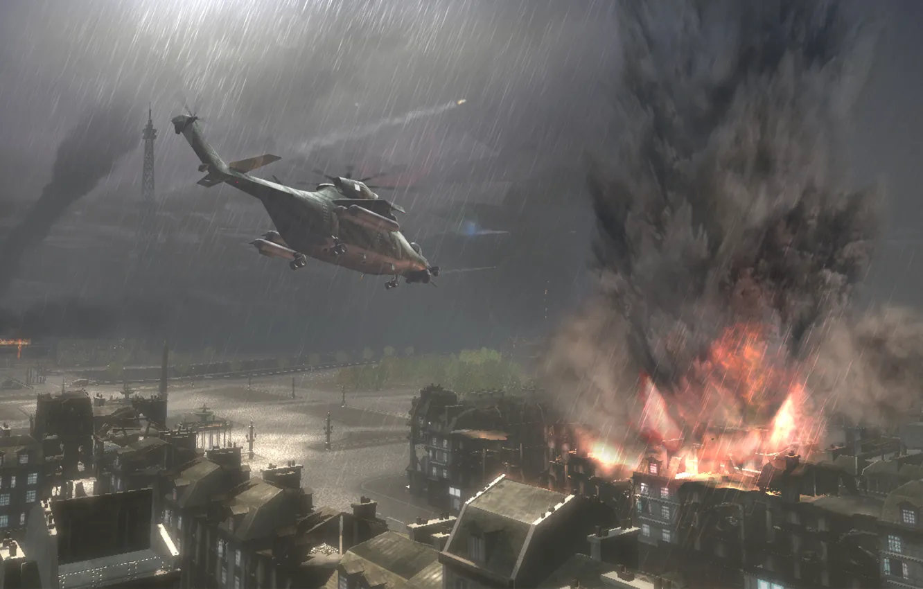 Photo wallpaper the explosion, rain, building, helicopter