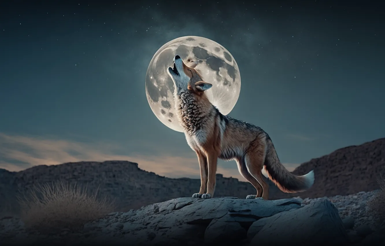 Photo wallpaper mountains, night, the moon, wolf, howling, grey wolf, digital art, AI art