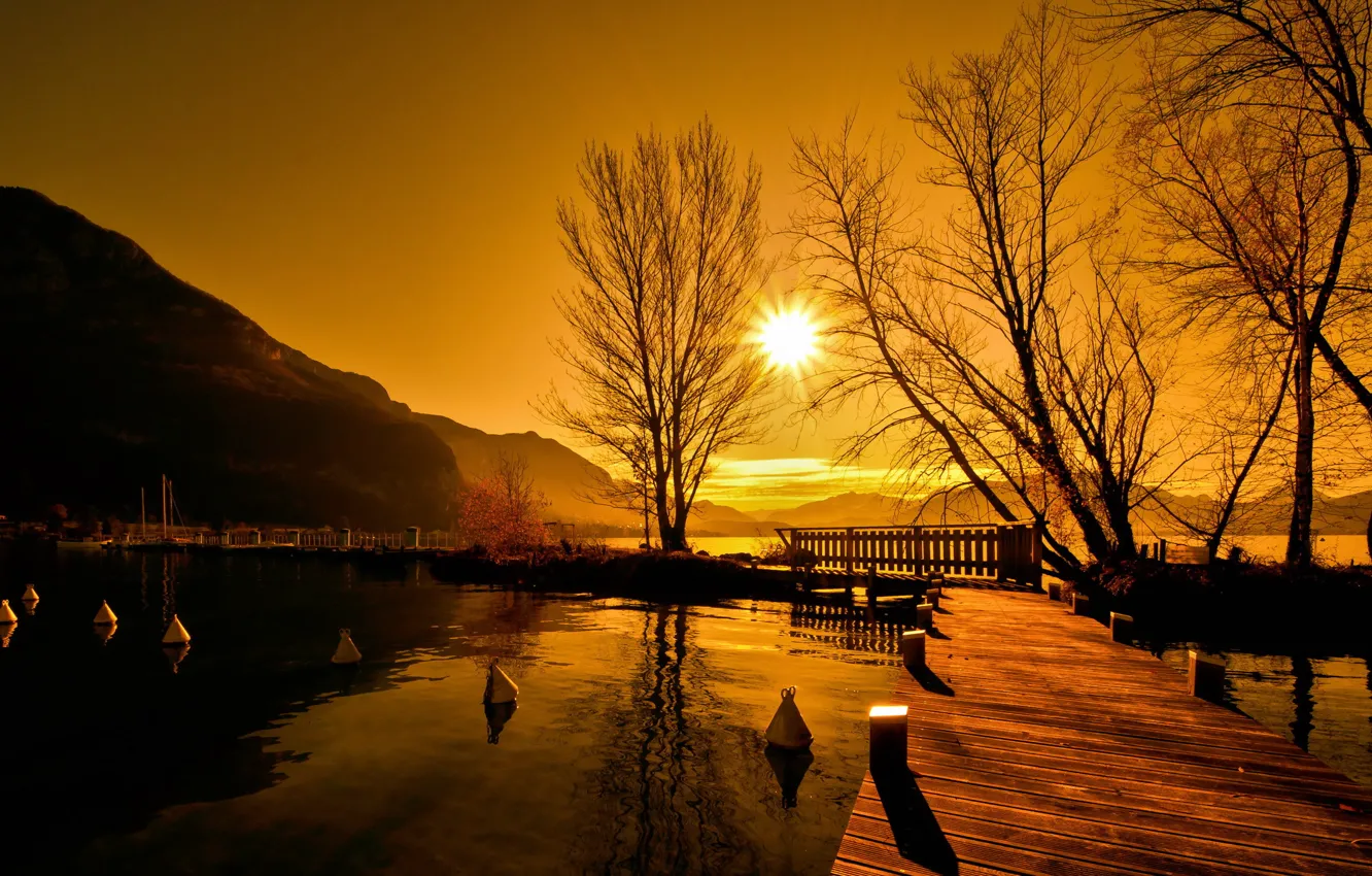 Photo wallpaper landscape, sunset, bridge, lake