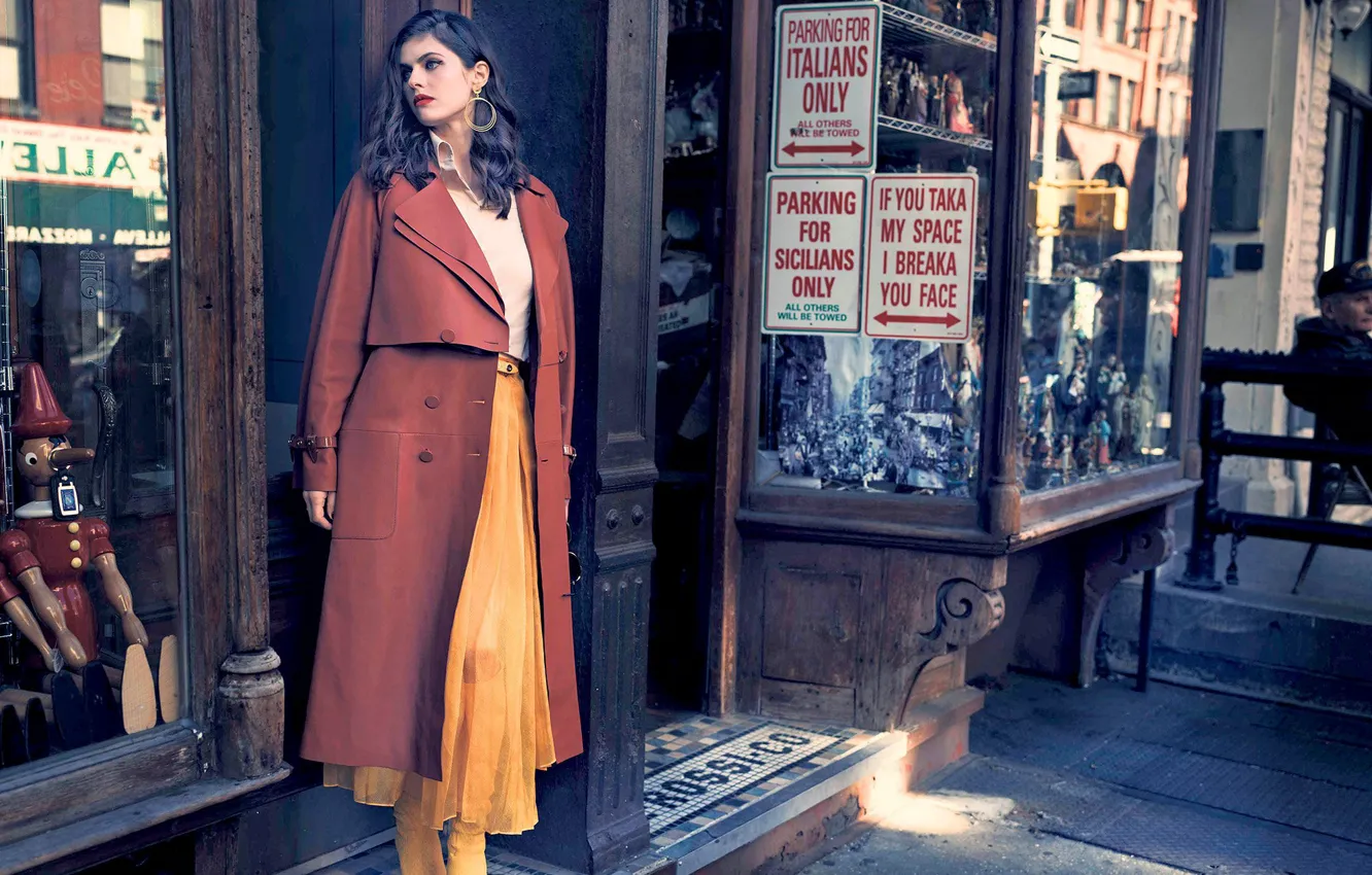 Photo wallpaper look, girl, pose, street, model, cloak, Alexandra Daddario