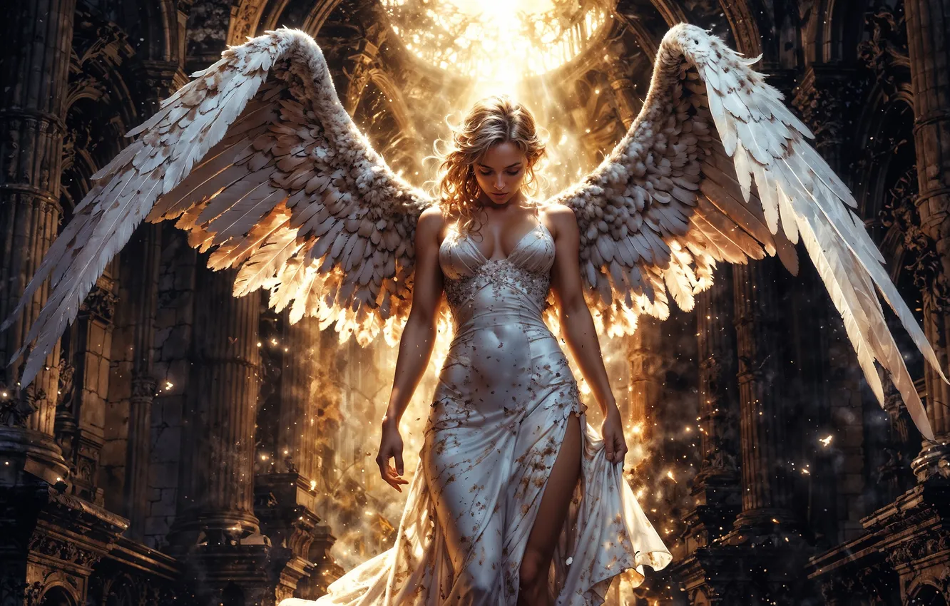 Photo wallpaper light, wings, angel, feathers, figure, dress, blonde