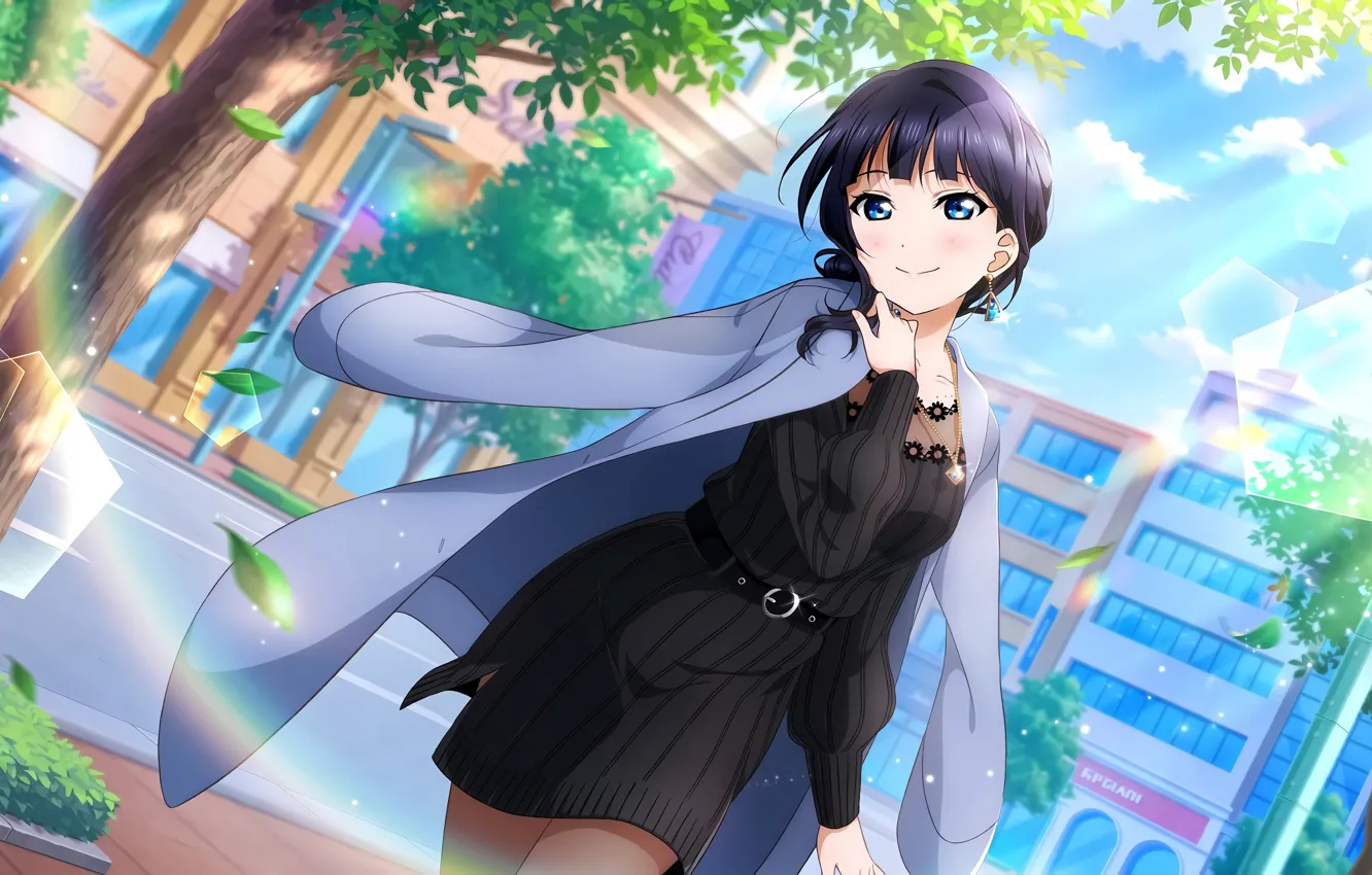 Photo wallpaper girl, dress, boobs, anime, blue eyes, beautiful, short hair, pretty