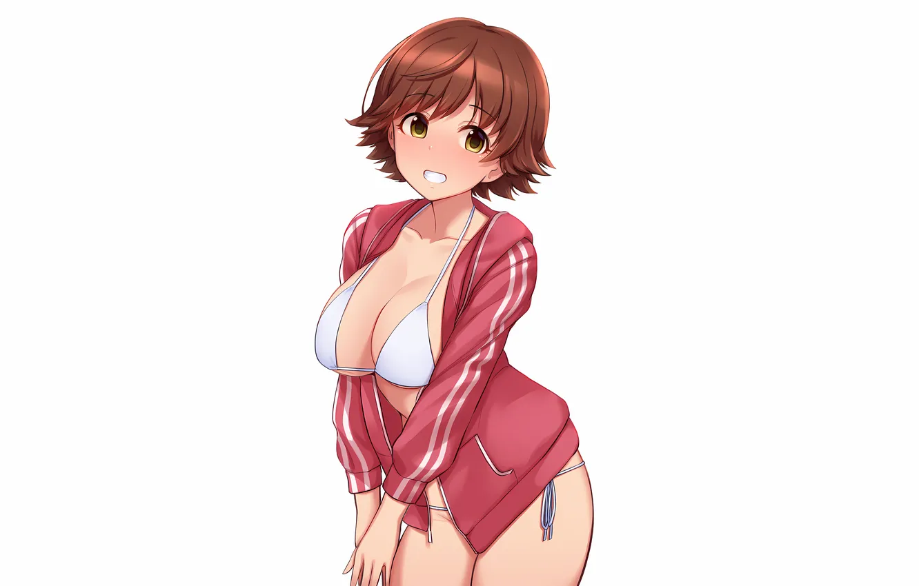 Photo wallpaper girl, sexy, cleavage, green eyes, brown hair, boobs, sexy girl, anime