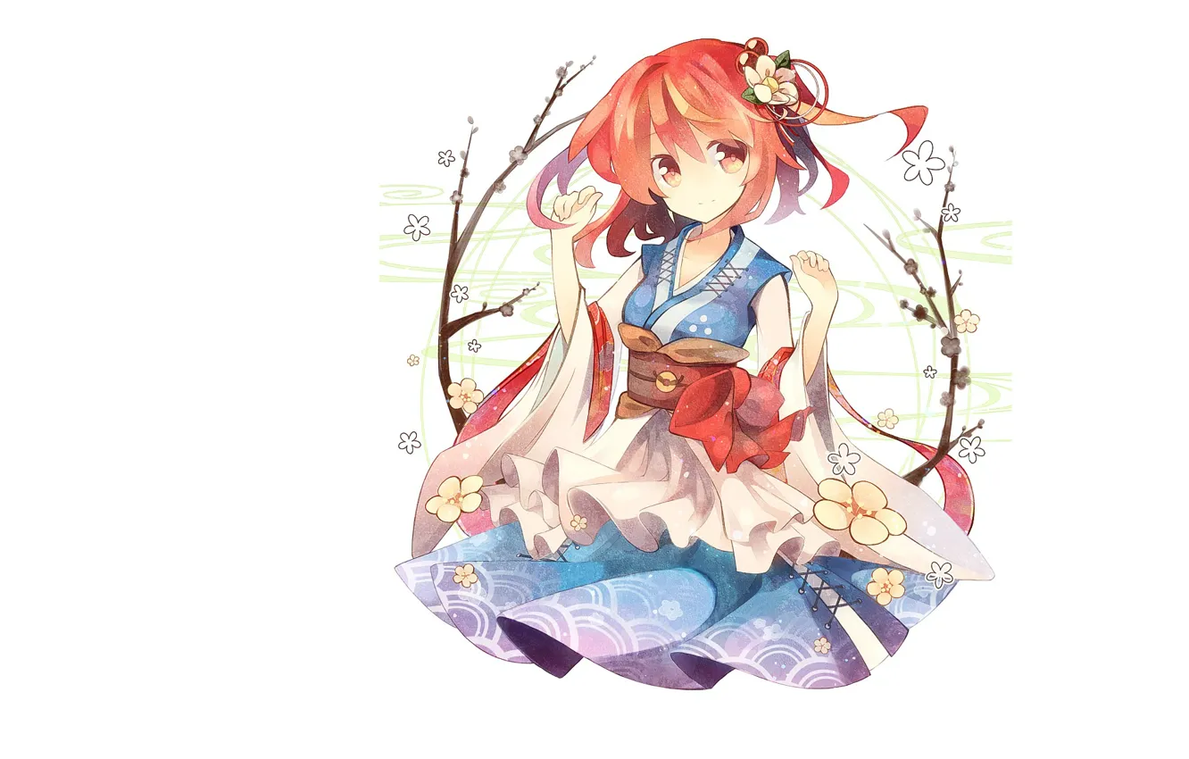 Photo wallpaper white background, red, kimono, art, flower in hair, Touhou Project, Project East, the branches of …