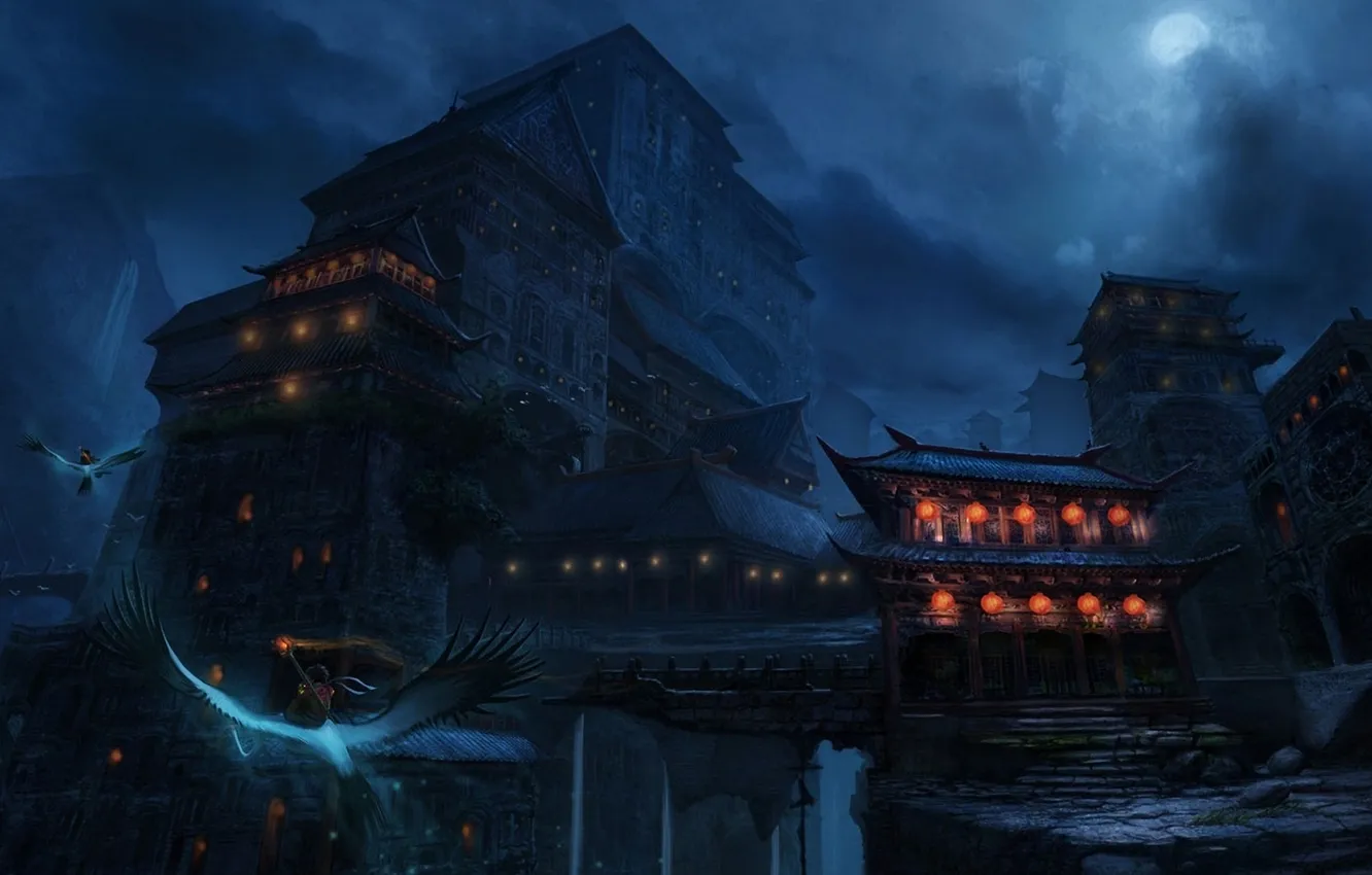 Photo wallpaper flight, mountains, night, bird, the moon, Asia, building, waterfall