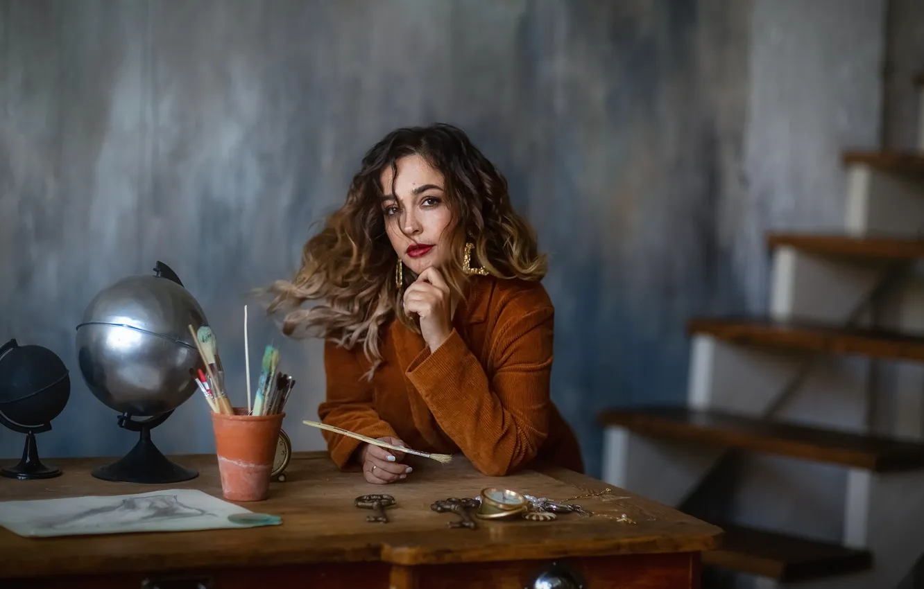 Photo wallpaper girl, table, room, hair, brush, Anastasia Barmina