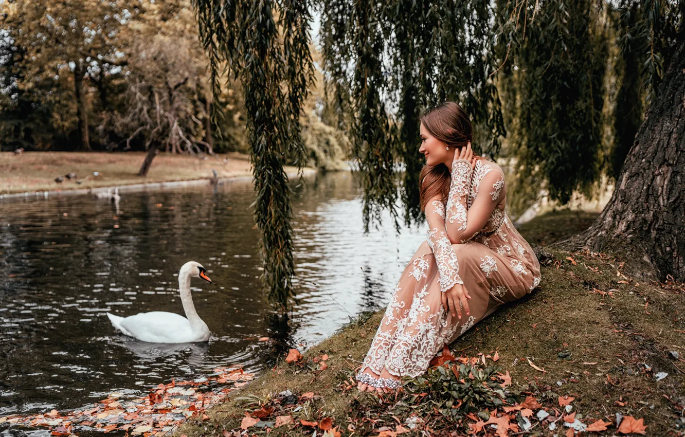 Photo wallpaper look, girl, nature, shore, dress, swans, pond, Rus