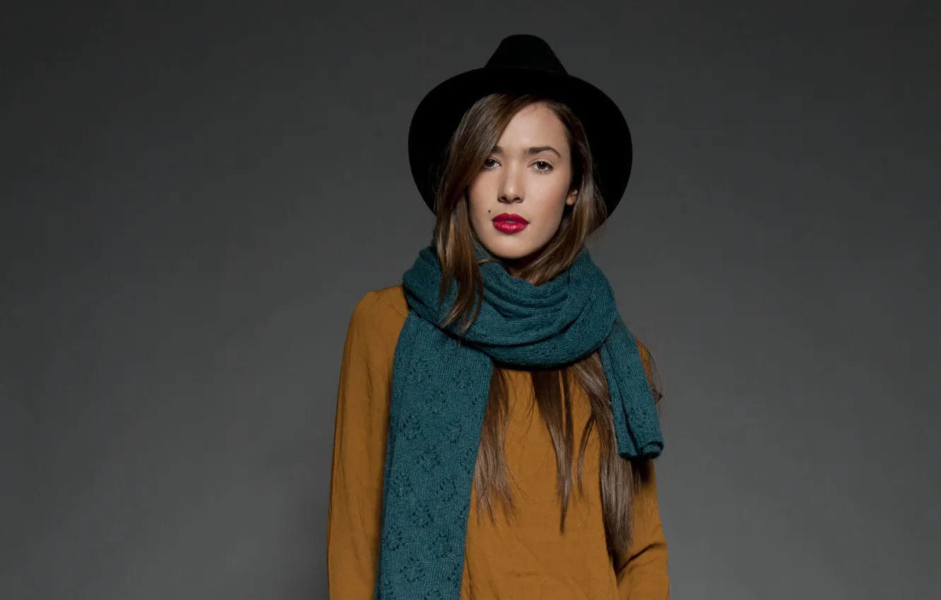 Photo wallpaper girl, scarf, mole, brown hair, hat