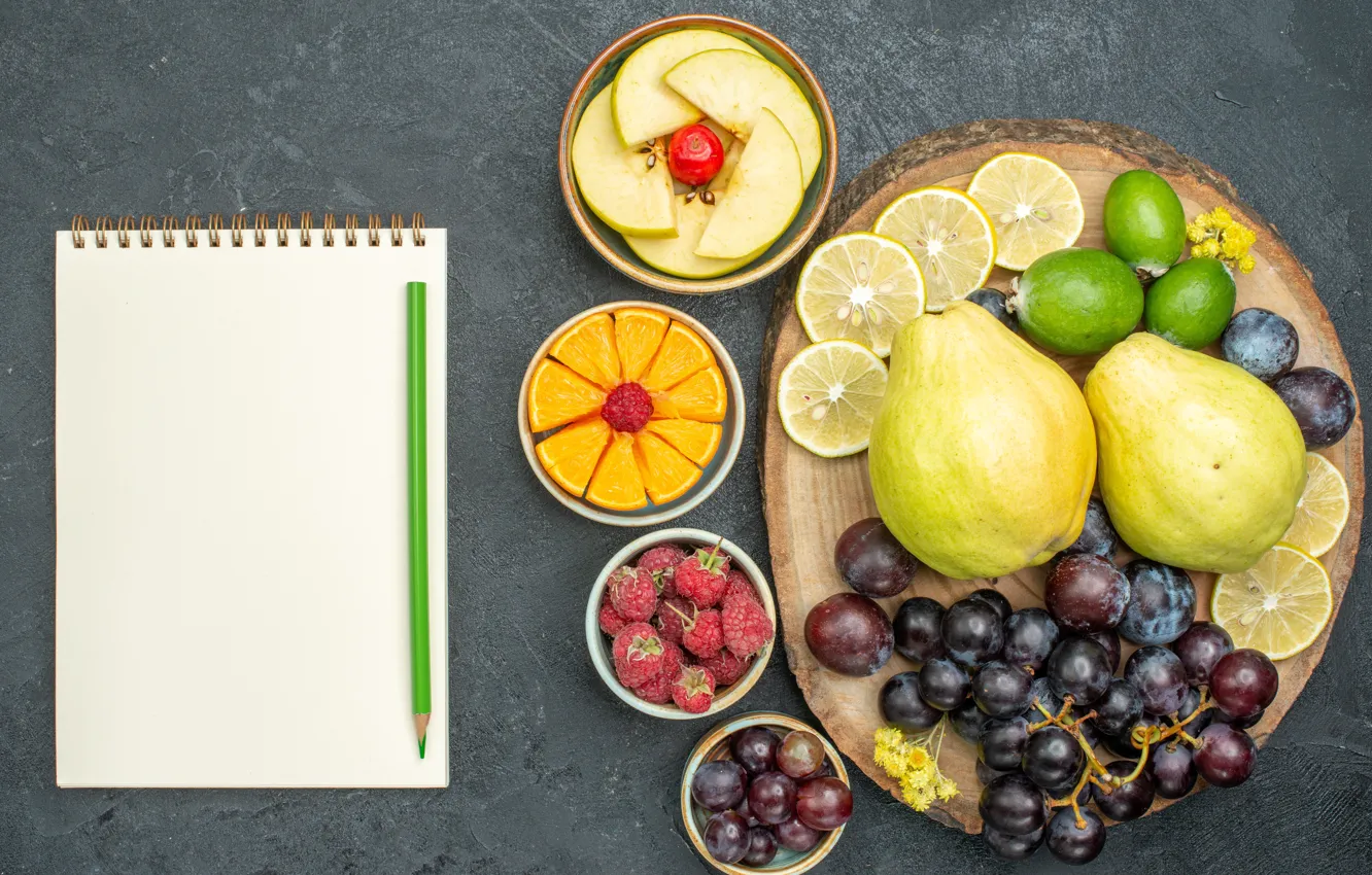 Photo wallpaper Notepad, fruit, different